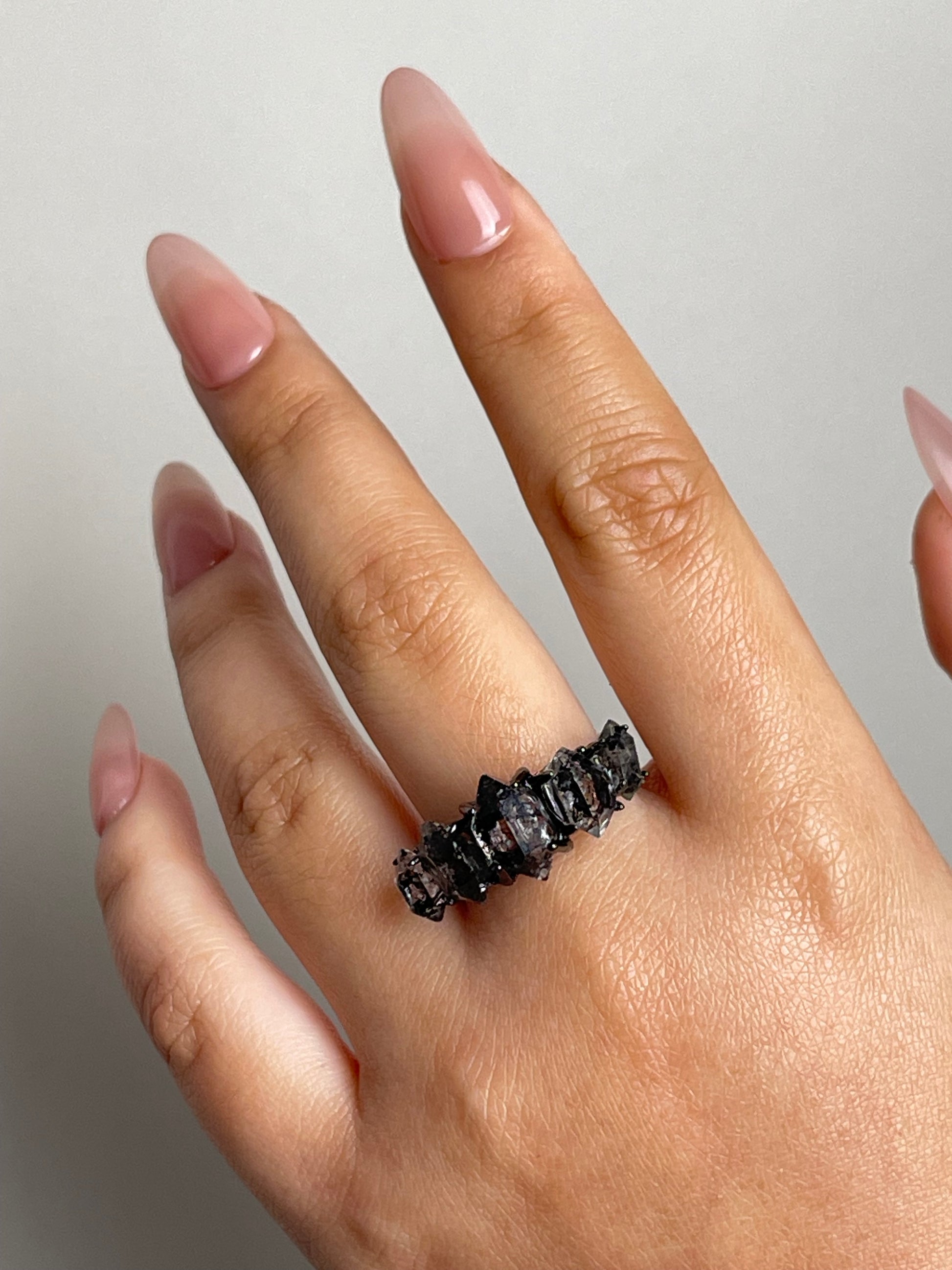 close up black herkimer diamond quartz ring