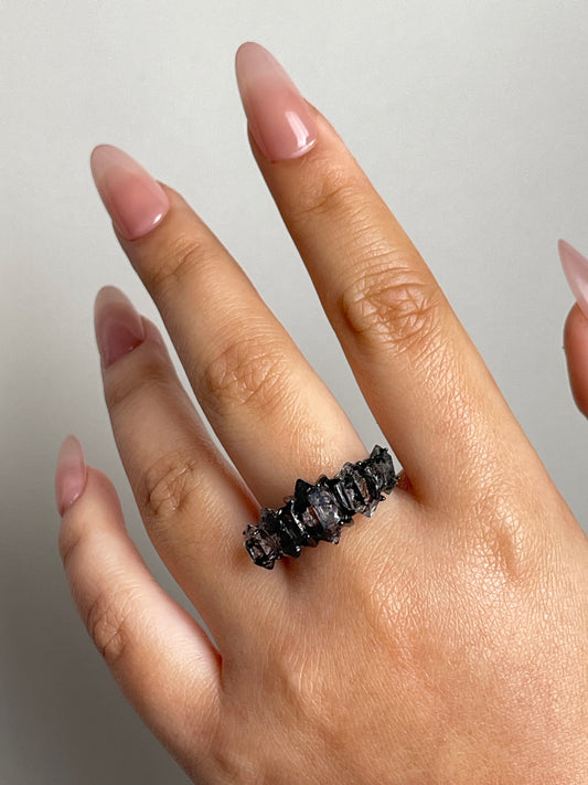 close up black herkimer diamond quartz ring
