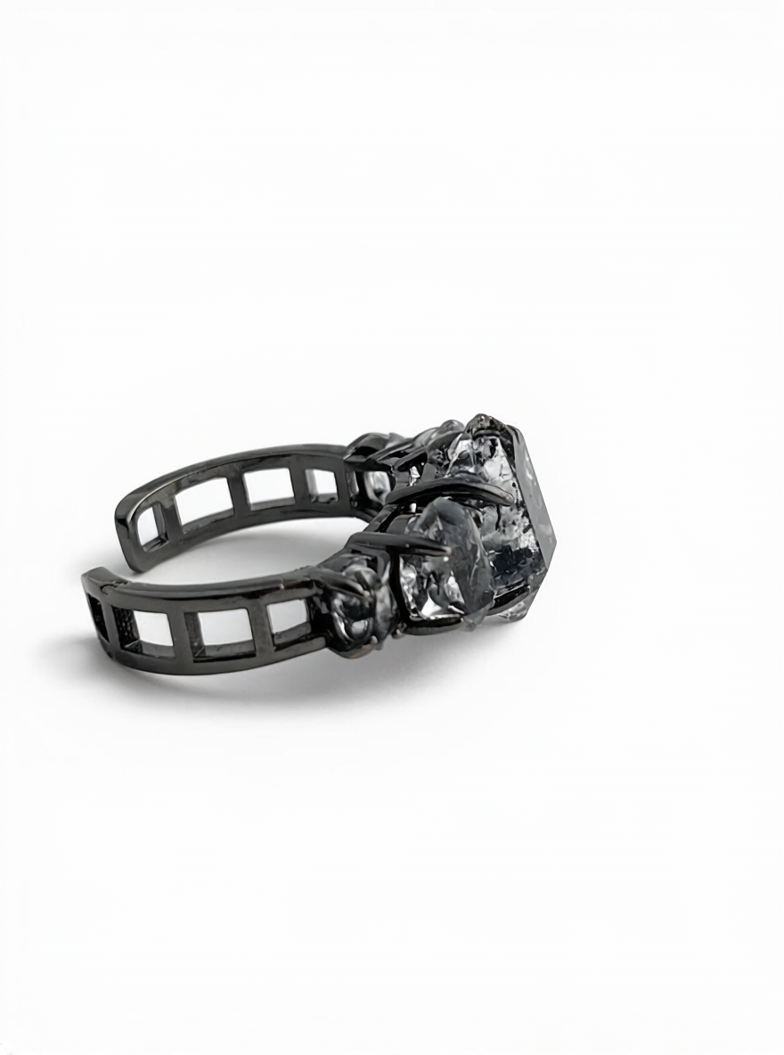 side view black herkimer diamond quartz ring