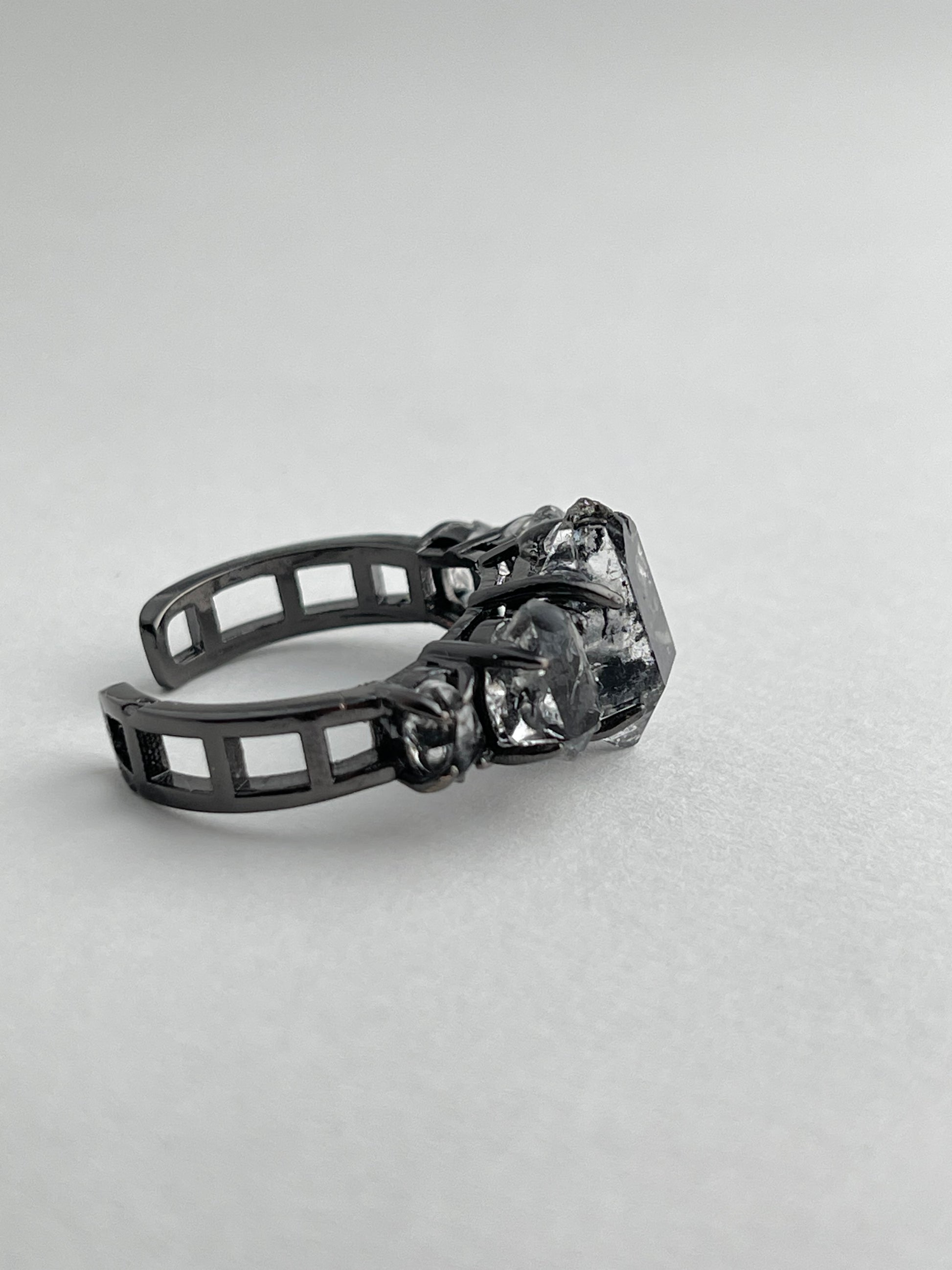 side view black herkimer diamond quartz ring