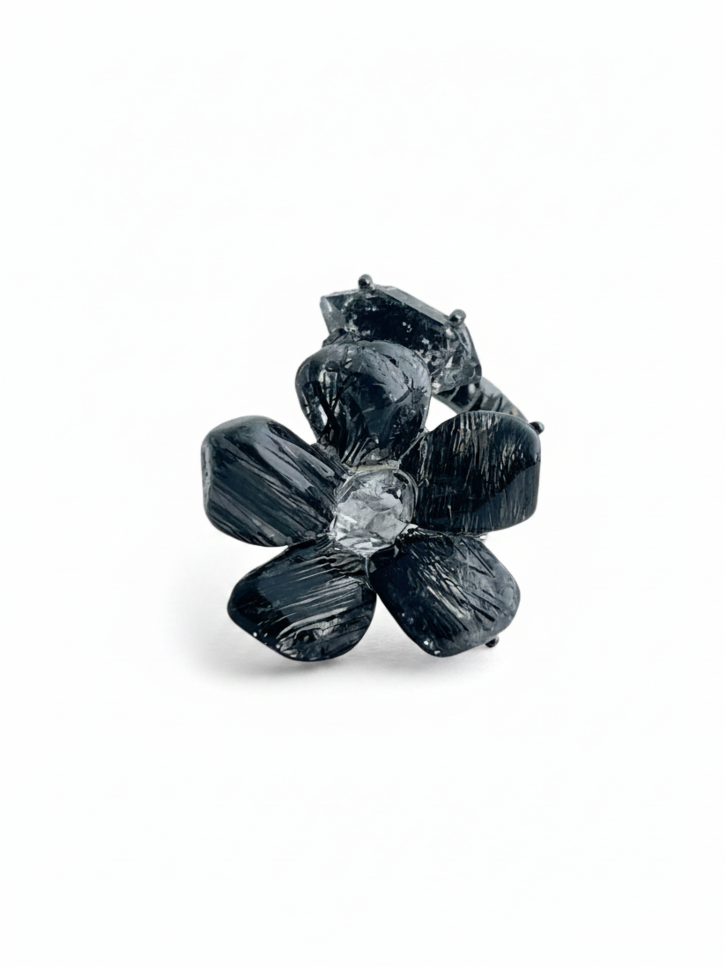 Black Rutilated Quartz flower and Herkimer Diamond Quartz ring front view