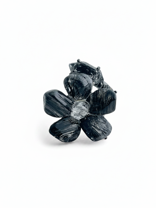 Black Rutilated Quartz flower and Herkimer Diamond Quartz ring front view