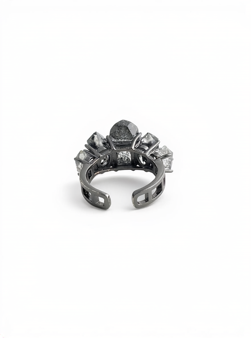 Back view of Black Rutilated Quartz and Hakima Diamond Quartz ring