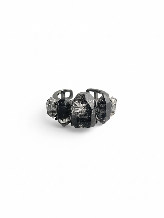 Black Rutilated Quartz and Hakima Diamond Quartz ring front view