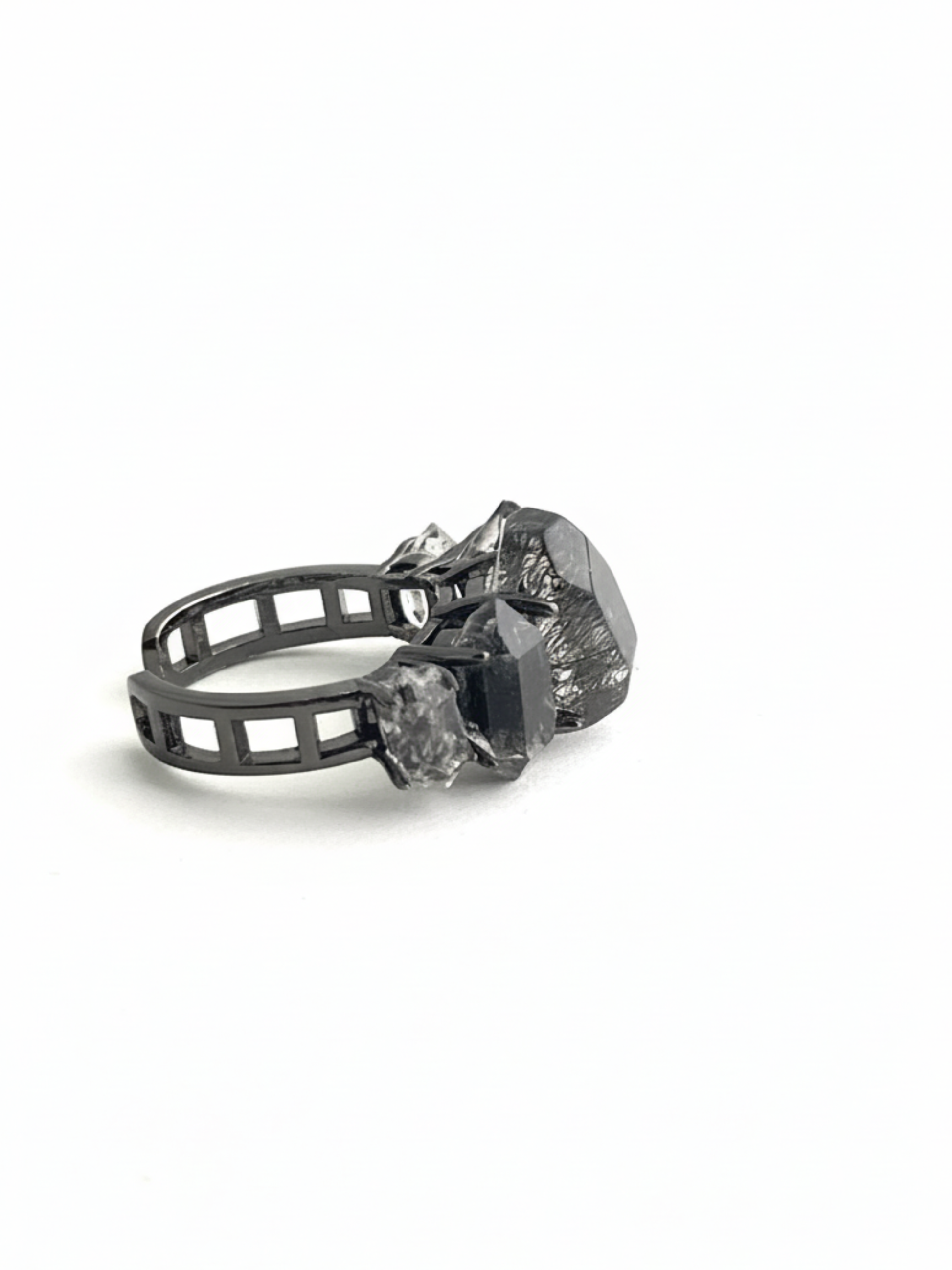 Side view of Black Rutilated Quartz and Hakima Diamond Quartz ring