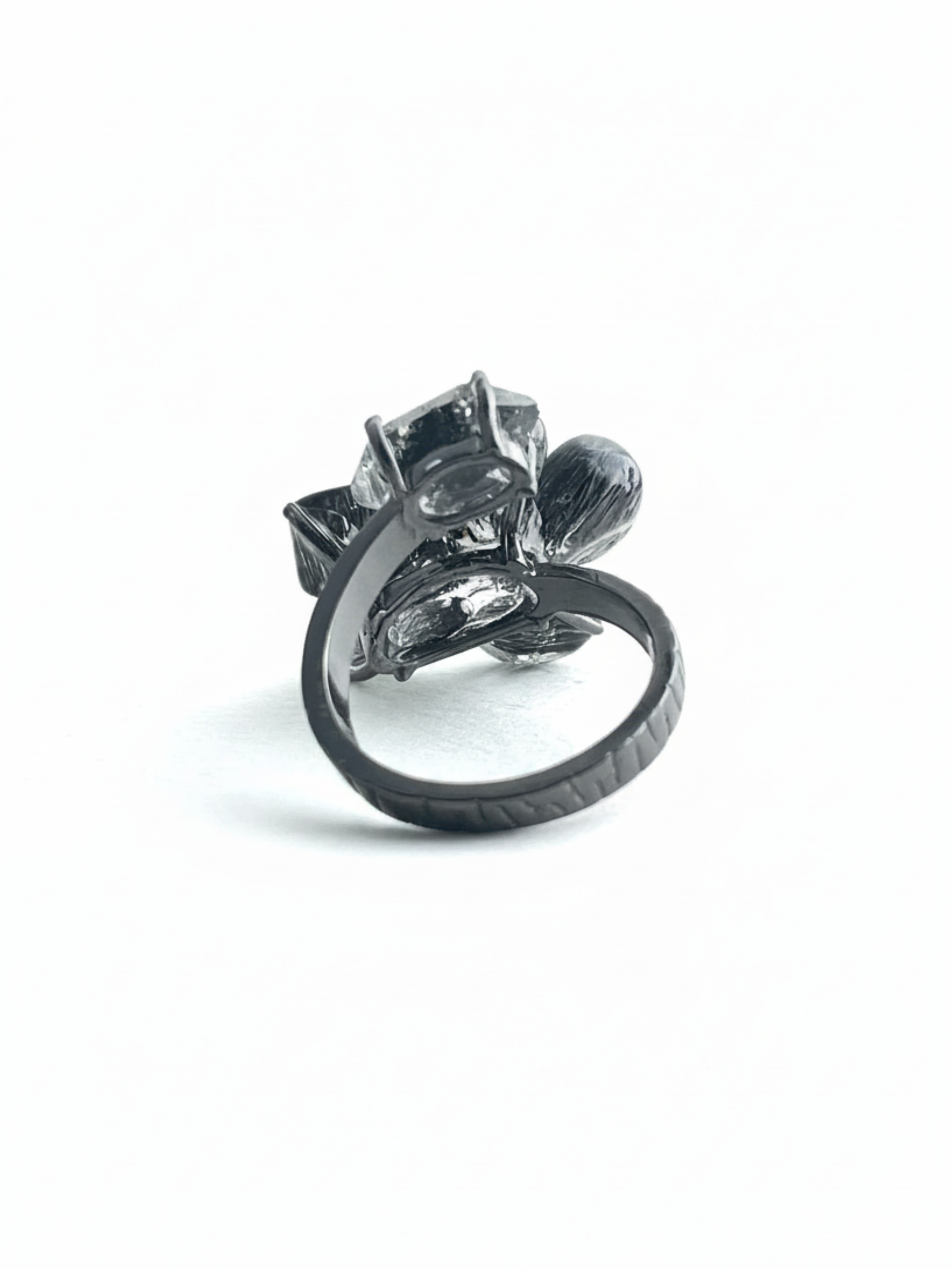 Back view of adjustable Black Rutilated Quartz and Herkimer Diamond Quartz ring