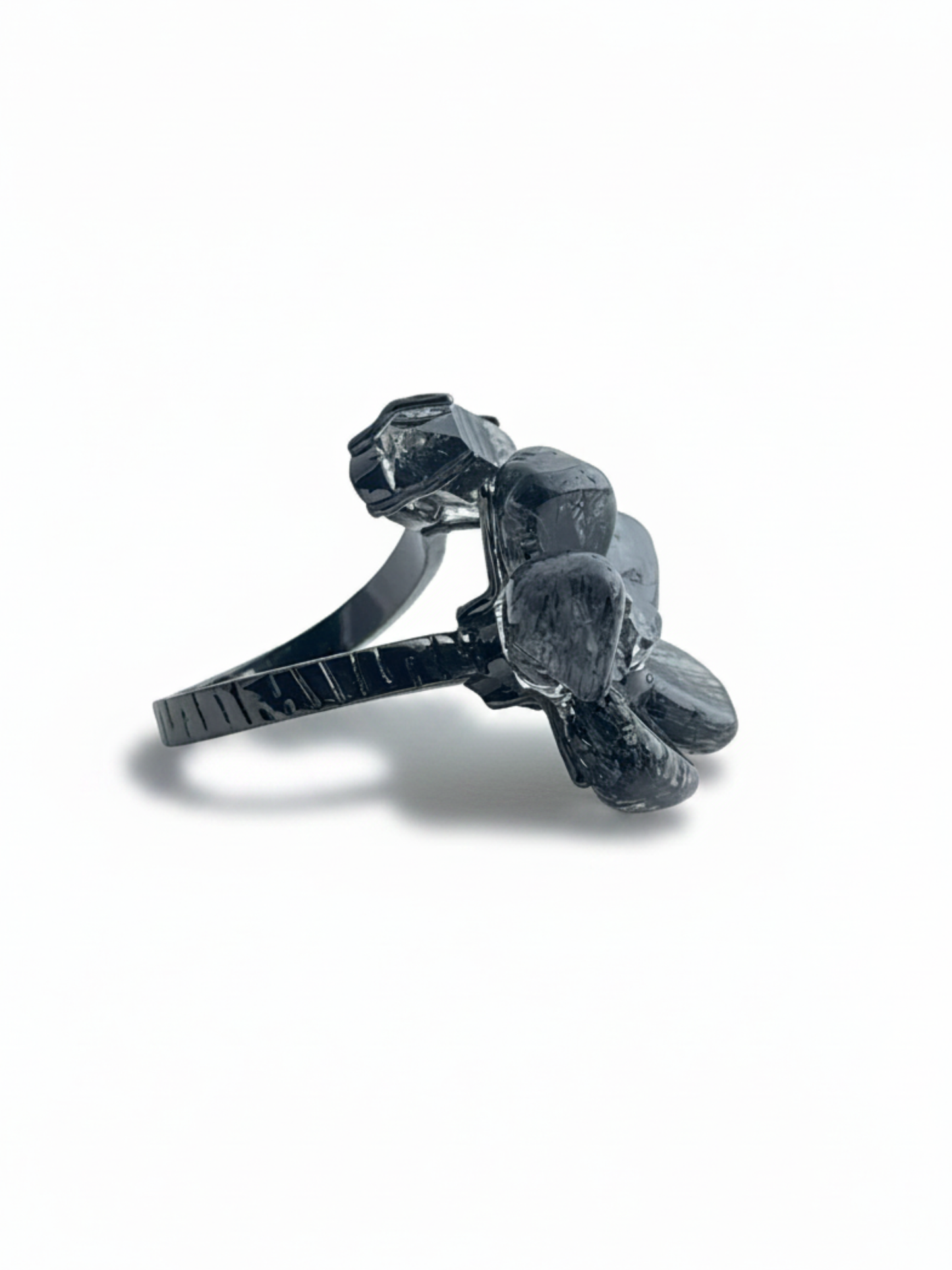 Side view of Black Rutilated Quartz and Herkimer Diamond Quartz ring