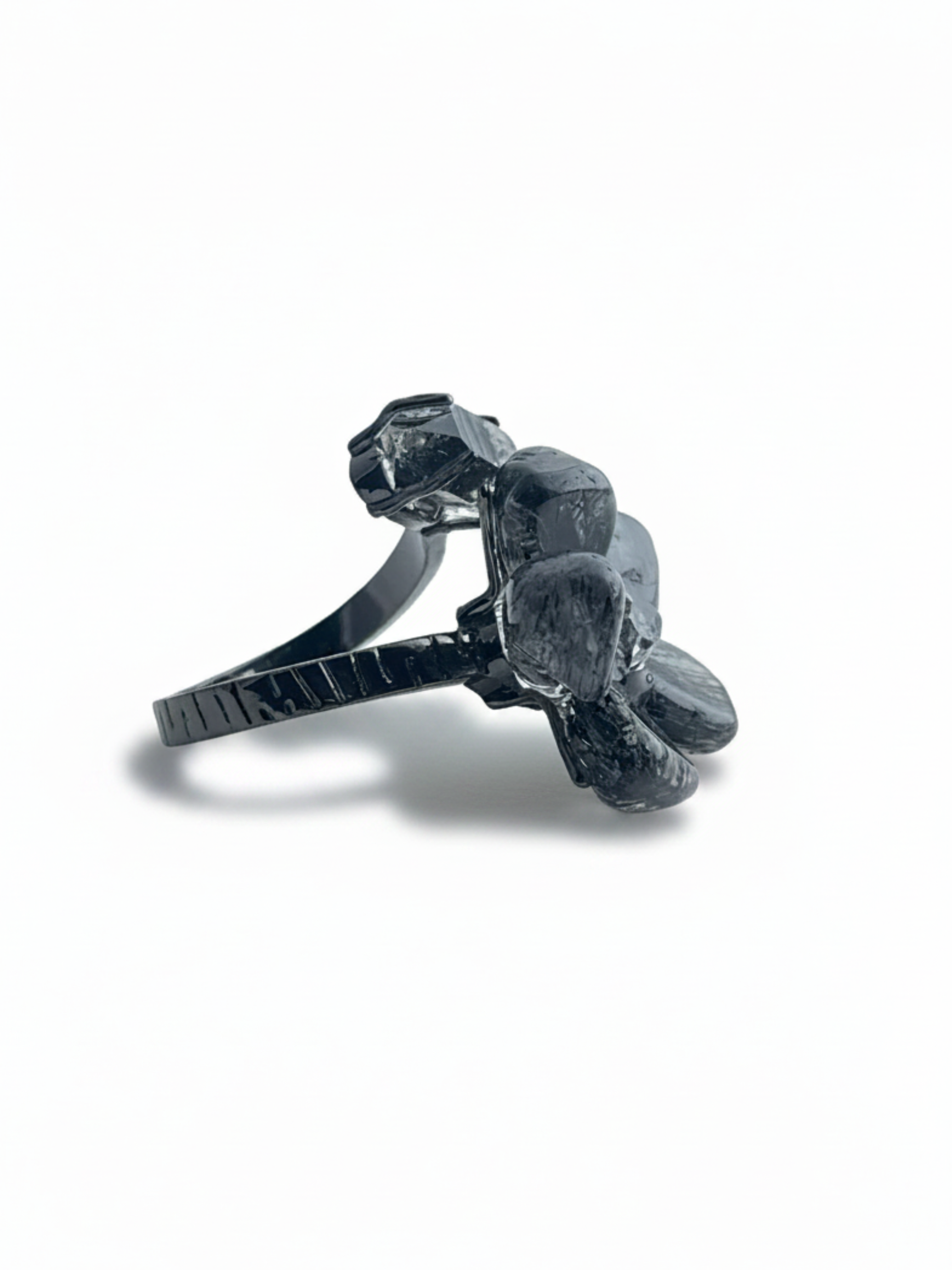 Side view of Black Rutilated Quartz and Herkimer Diamond Quartz ring