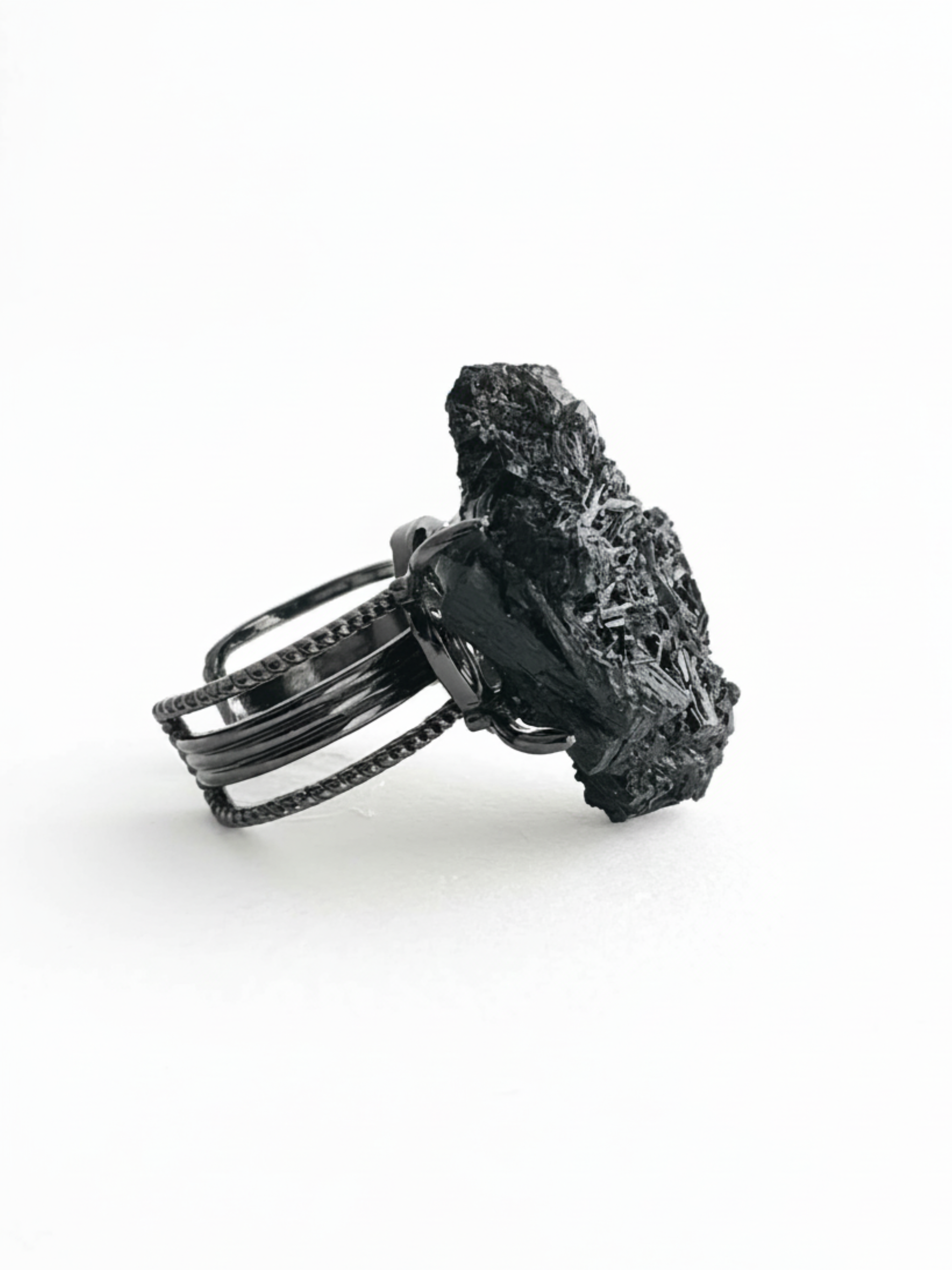 Black Tourmaline Cluster mineral specimen ring side view