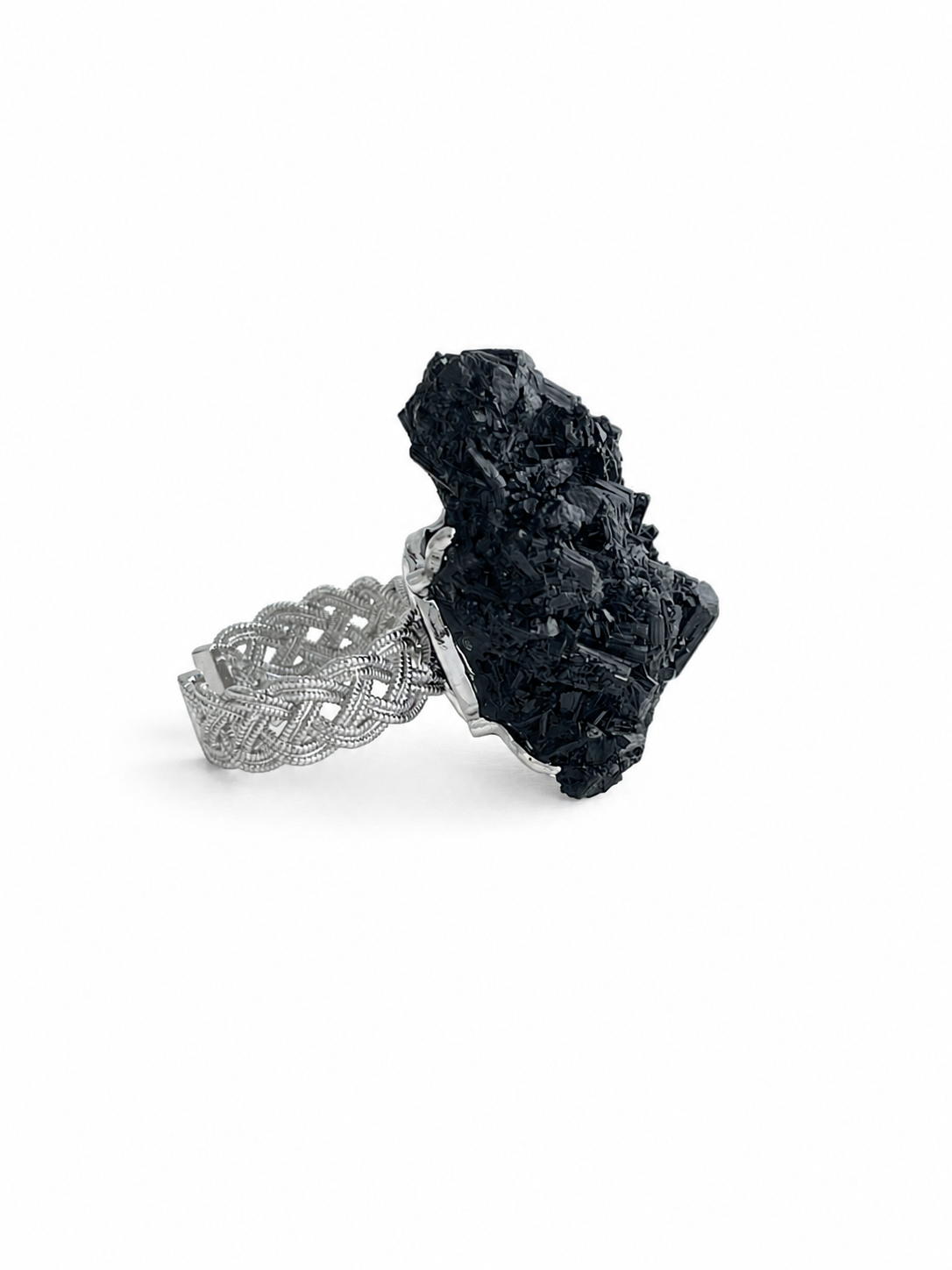 Side view of Black Tourmaline Cluster Ring with black rhodium plated band