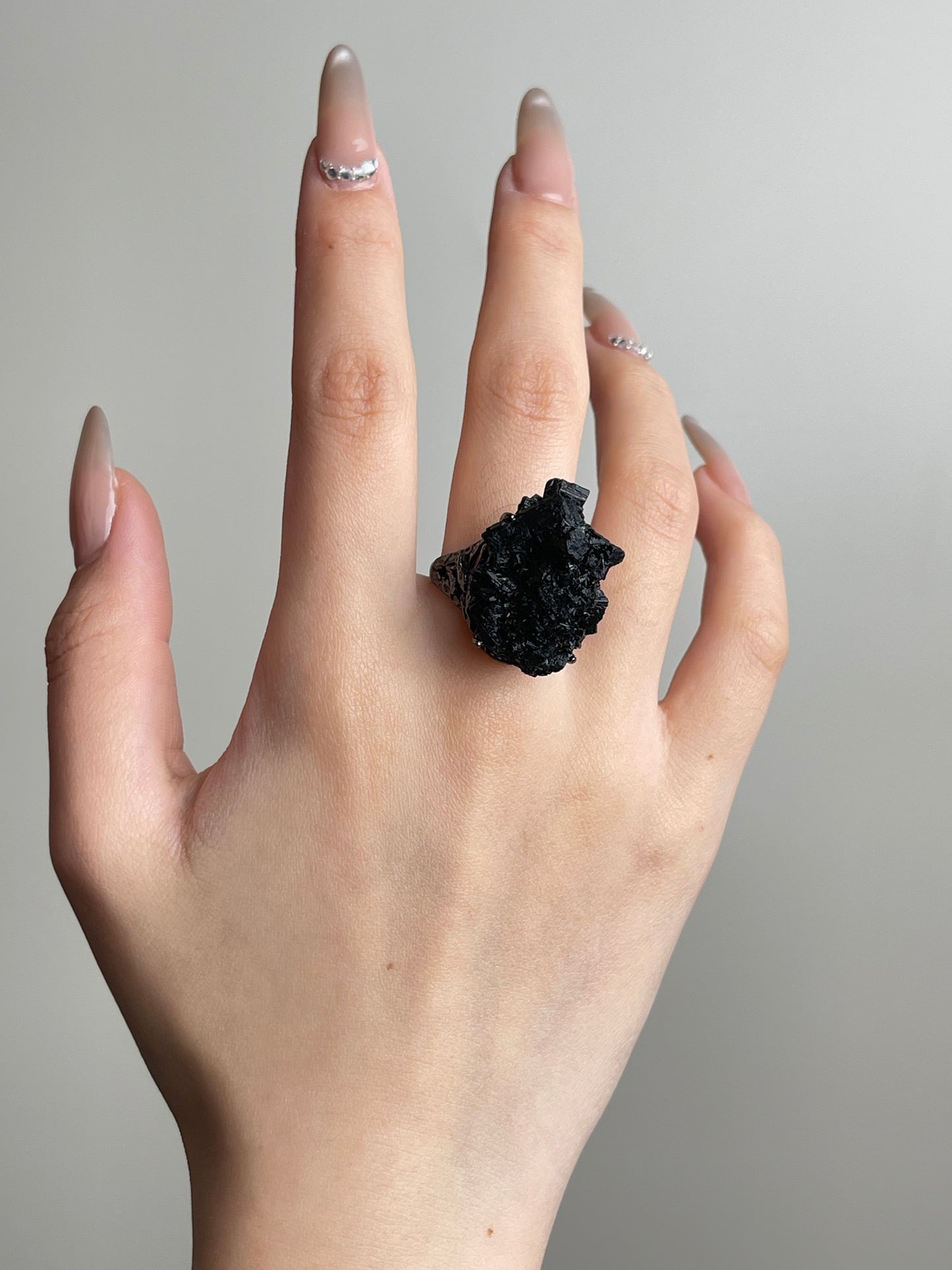 Black Tourmaline Cluster Ring worn on hand