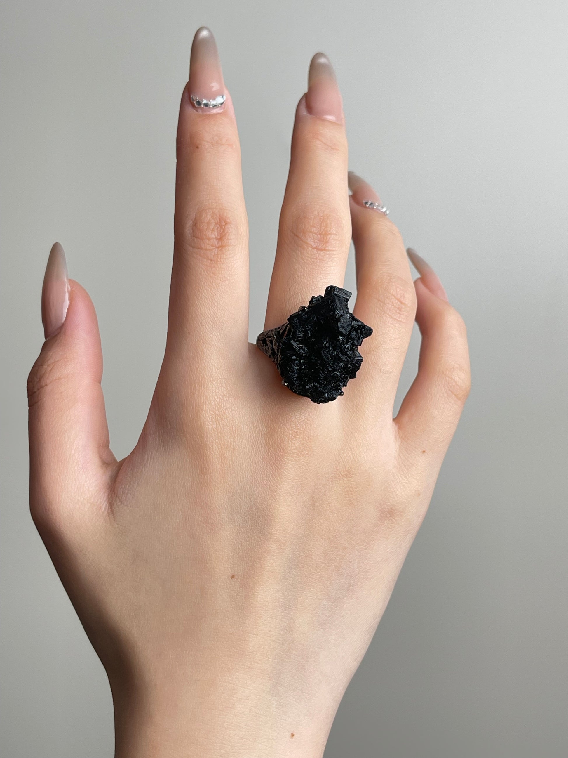 Black Tourmaline Cluster Ring worn on hand