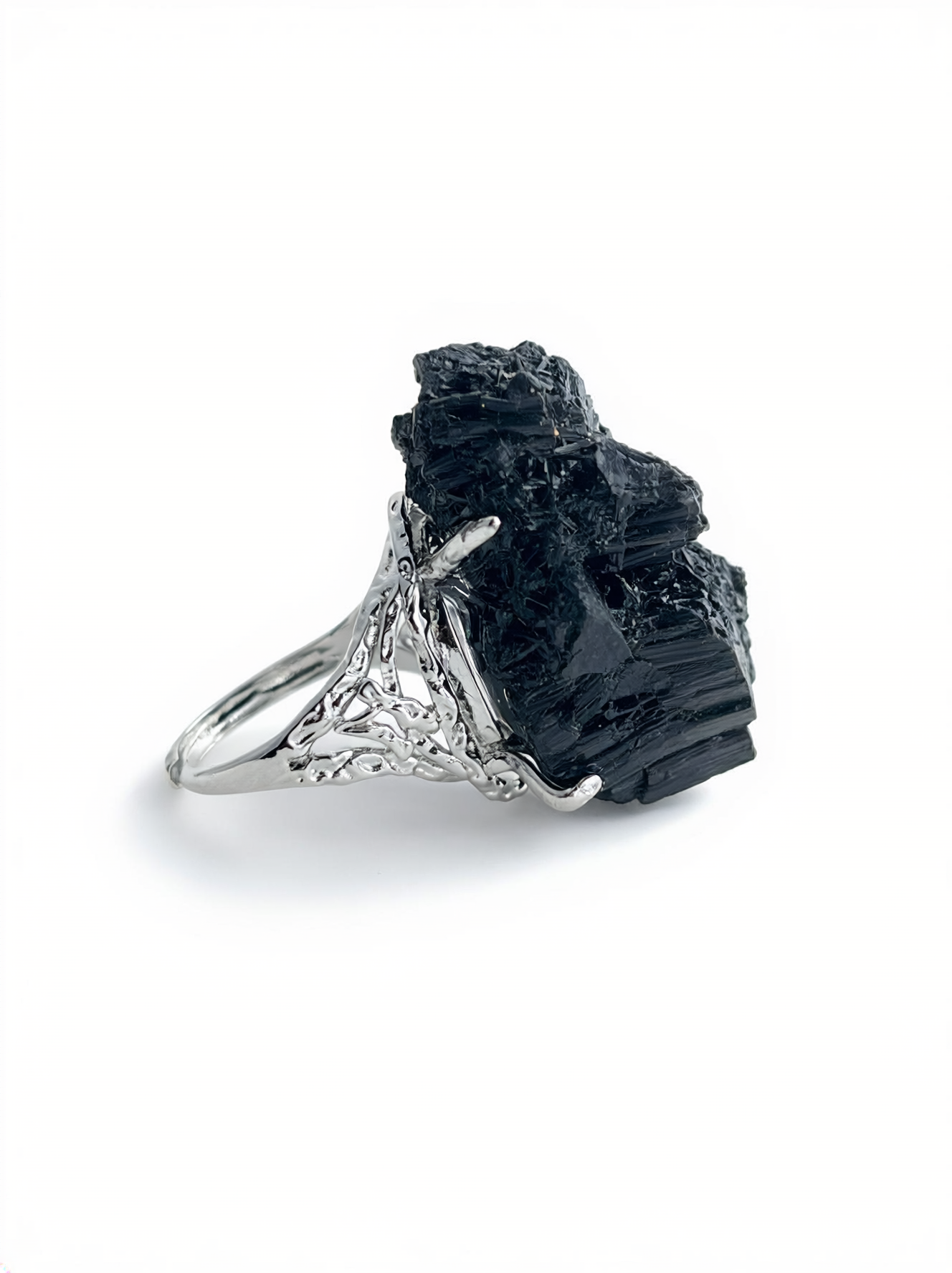 Side view of Black Tourmaline Cluster Ring with black rhodium plated band