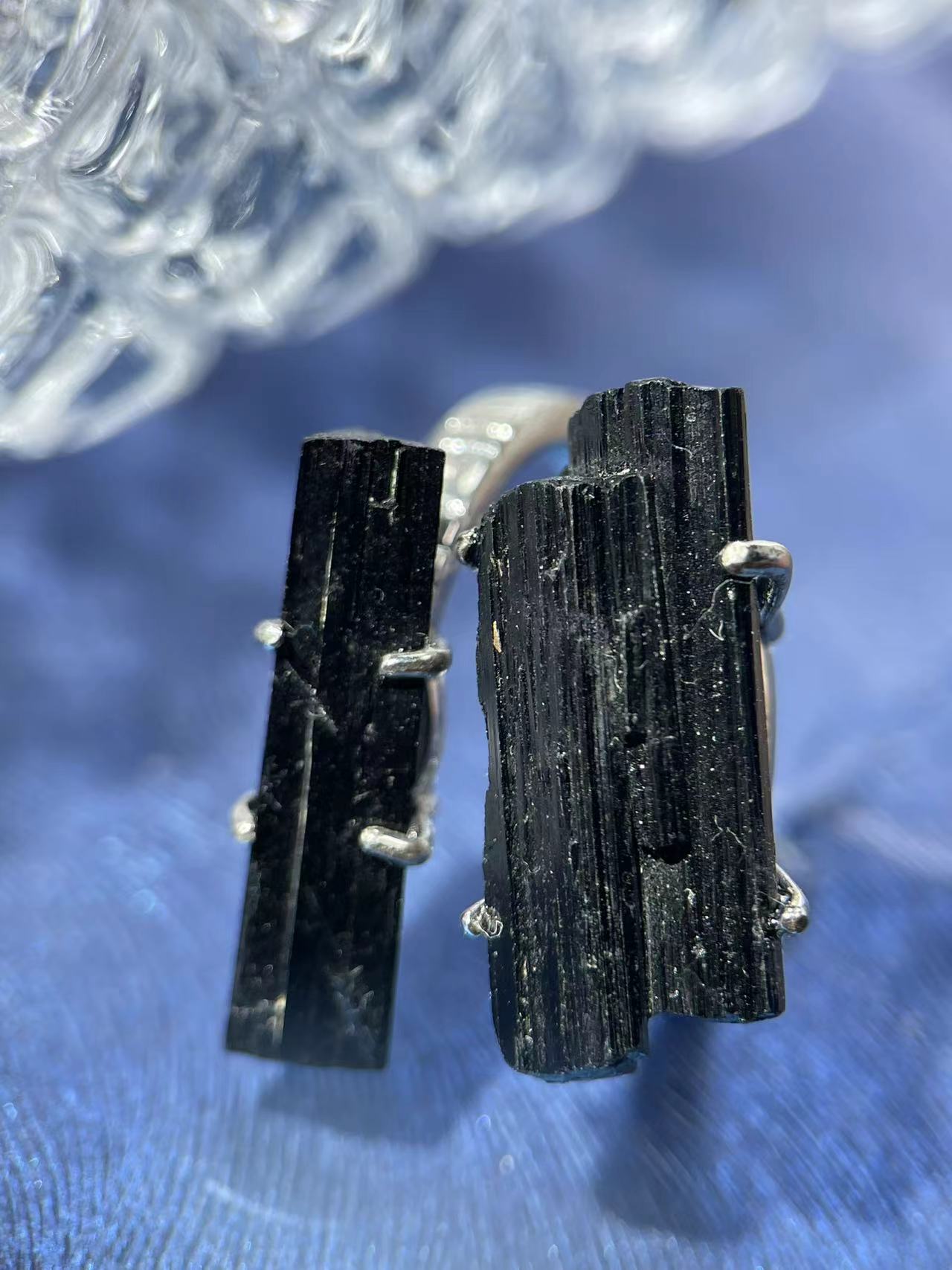 Black Tourmaline Raw Twin Crystal Ring