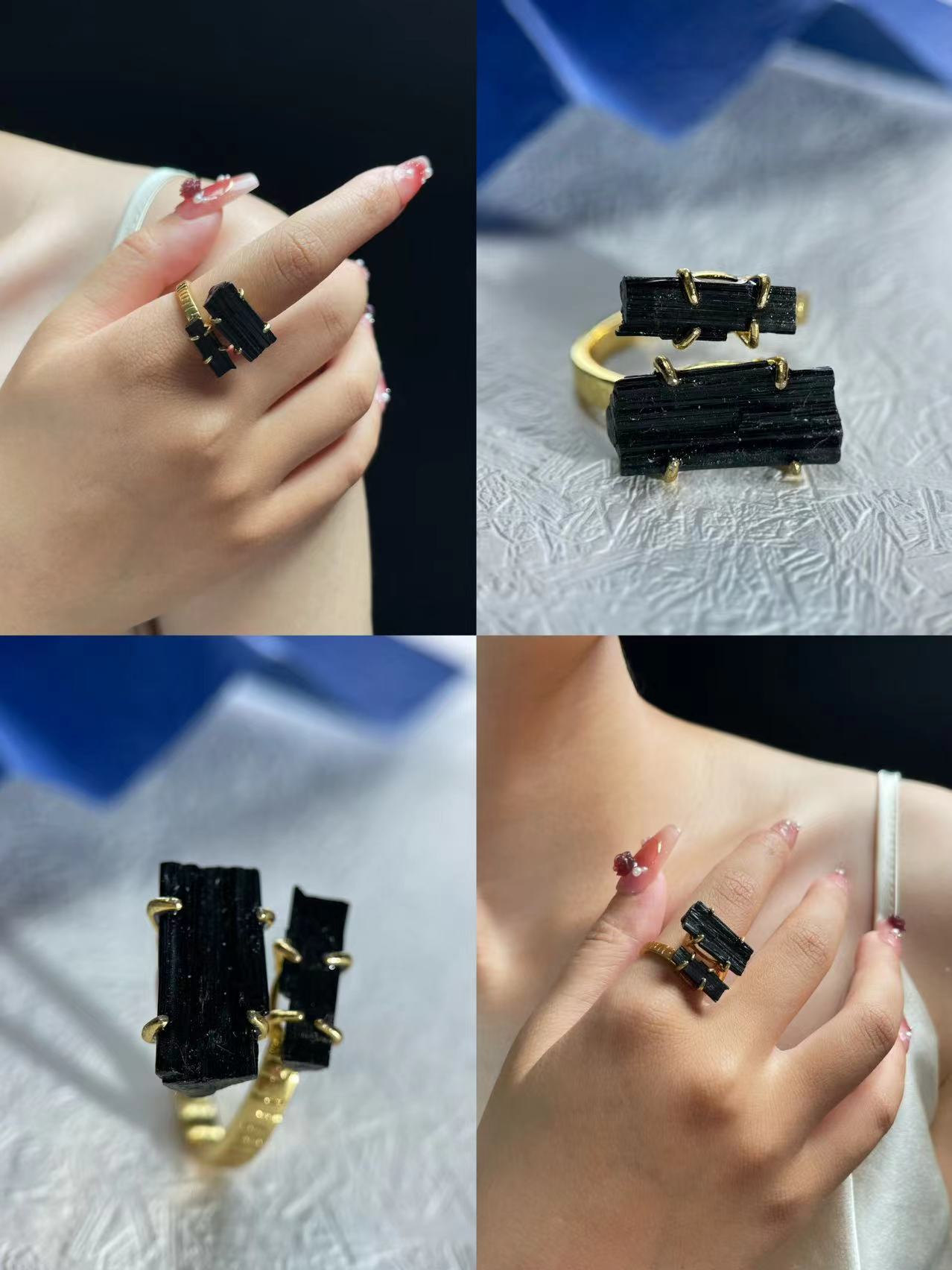 Black Tourmaline Raw Twin Crystal Ring