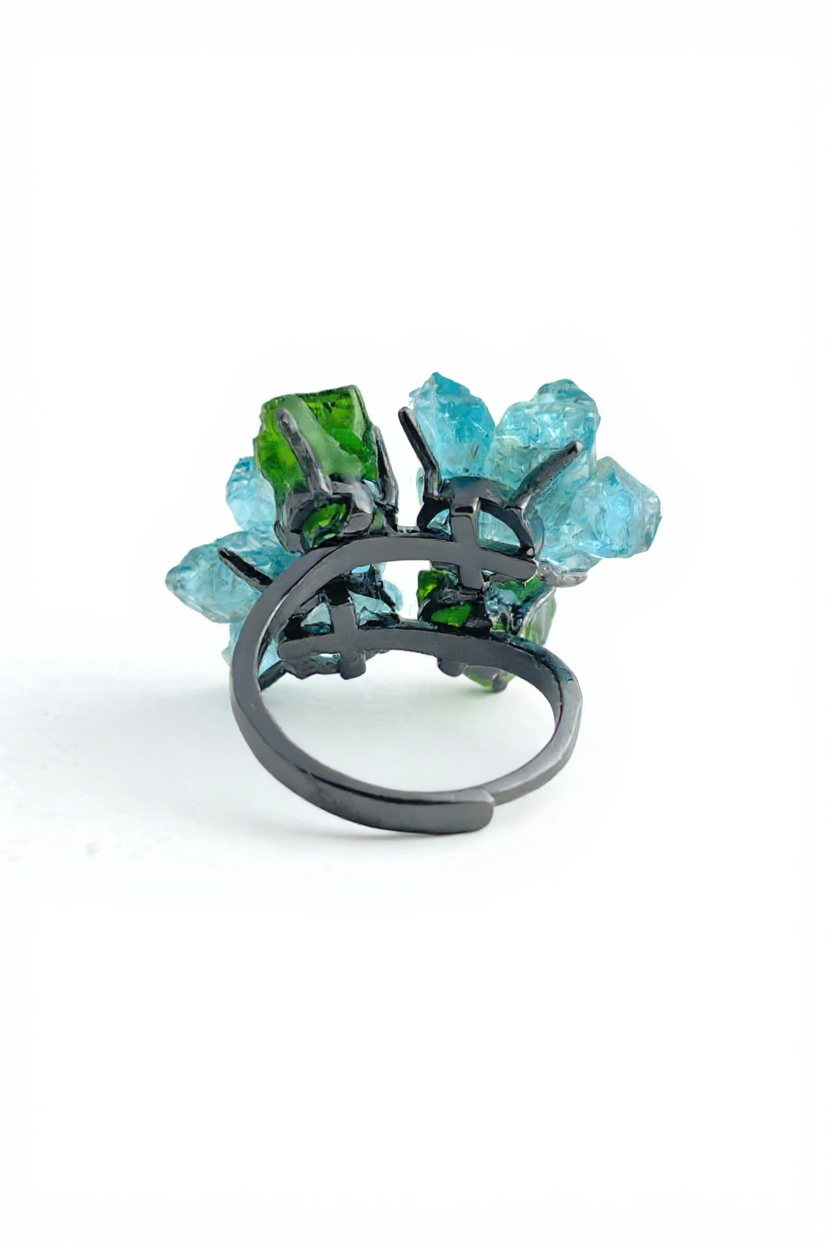 Back view of Blue Apatite, Chalcopyrite and Chrome Diopside raw crystal ring