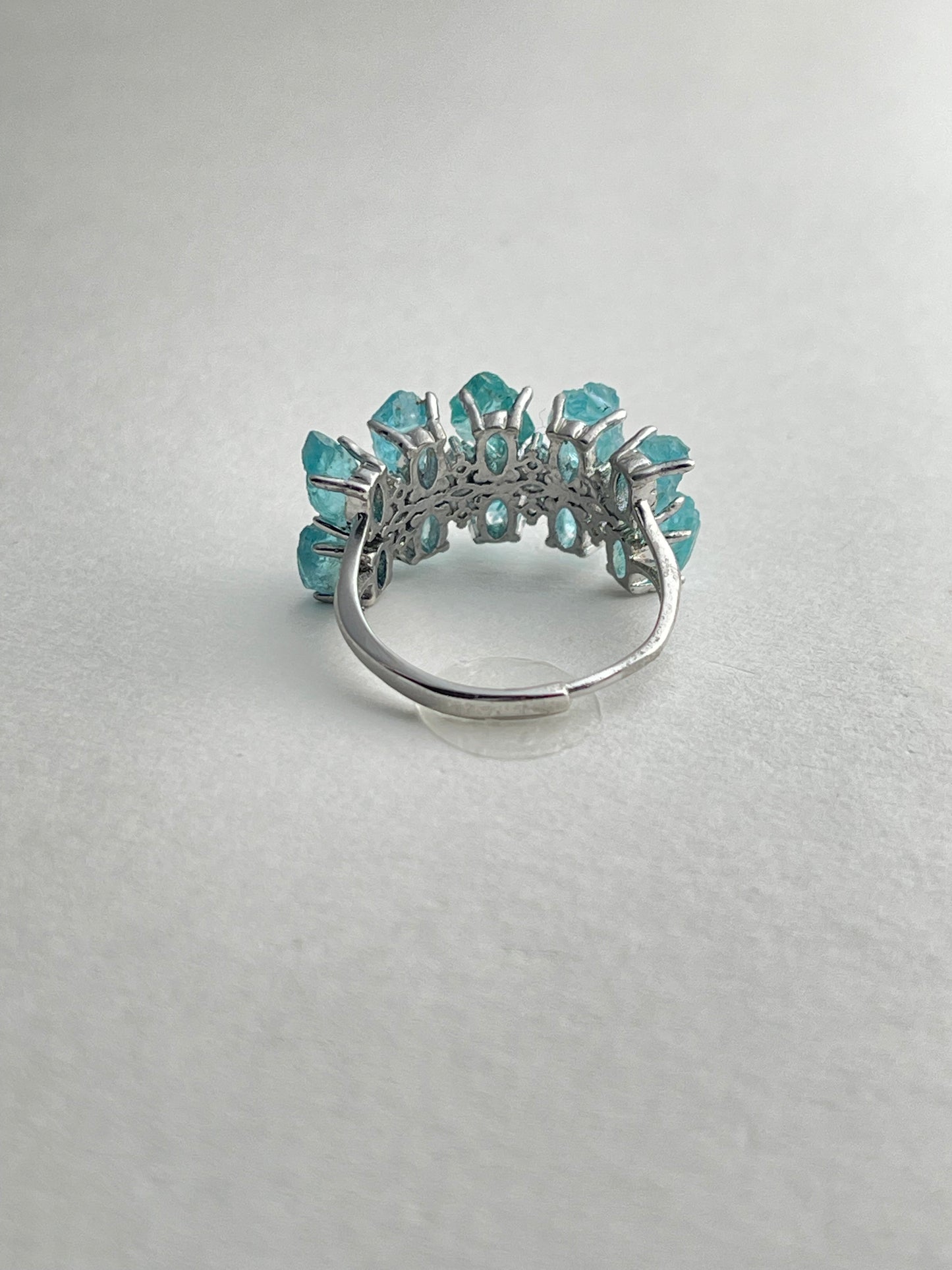back view of blue apatite double row ring open band