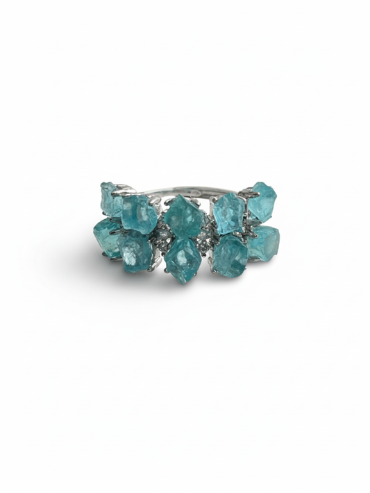 blue apatite crystal double row ring natural gemstone jewelry