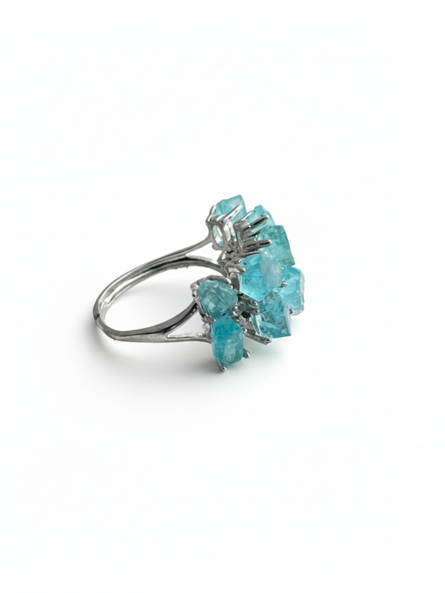 side view of blue apatite ring adjustable silver band