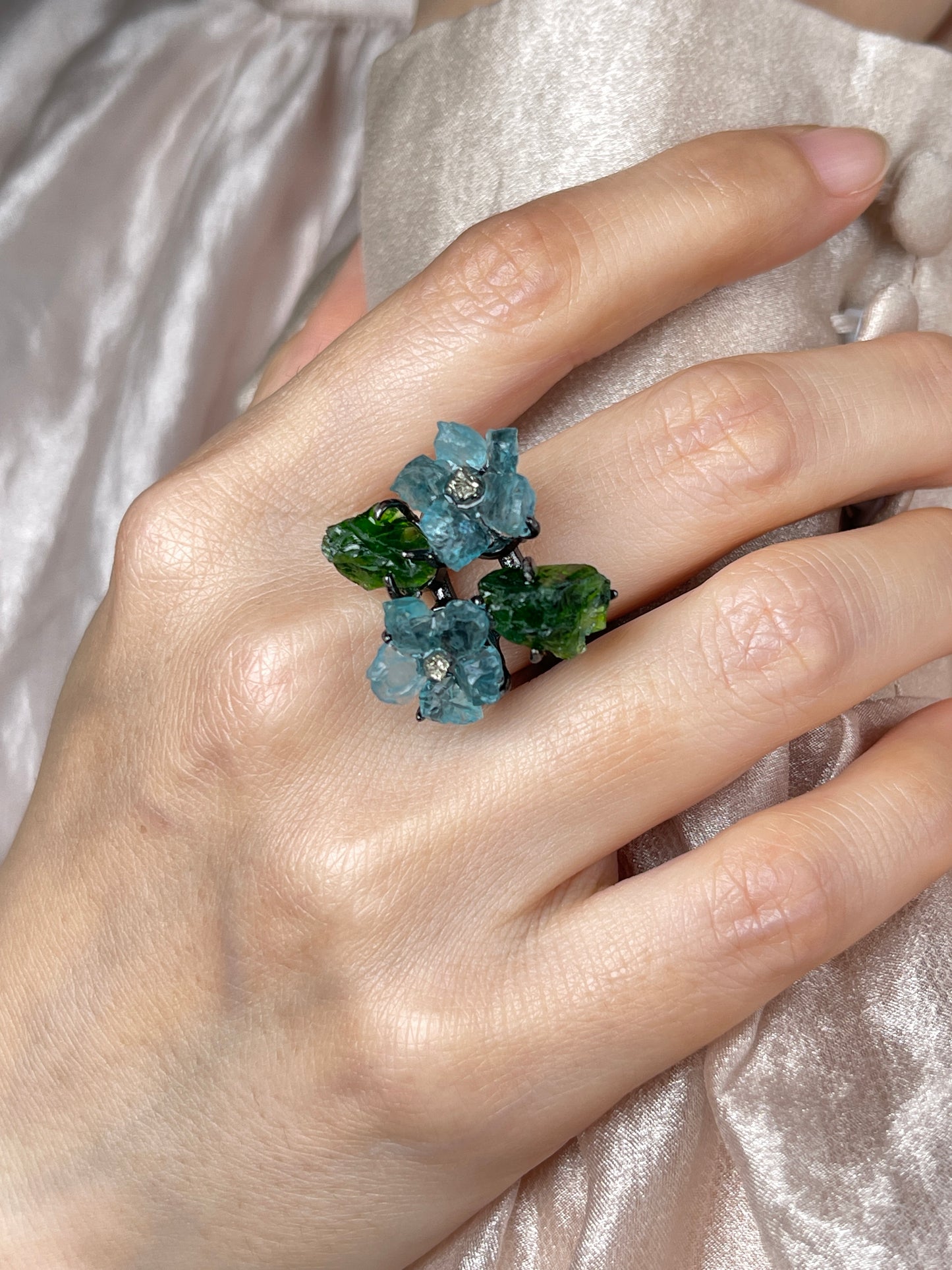 Blue Apatite, Chalcopyrite & Chrome Diopside Flower Ring