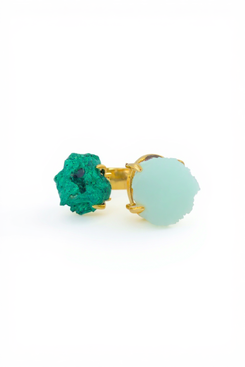 Raw Blue Aragonite and Fibrous Malachite ring front view