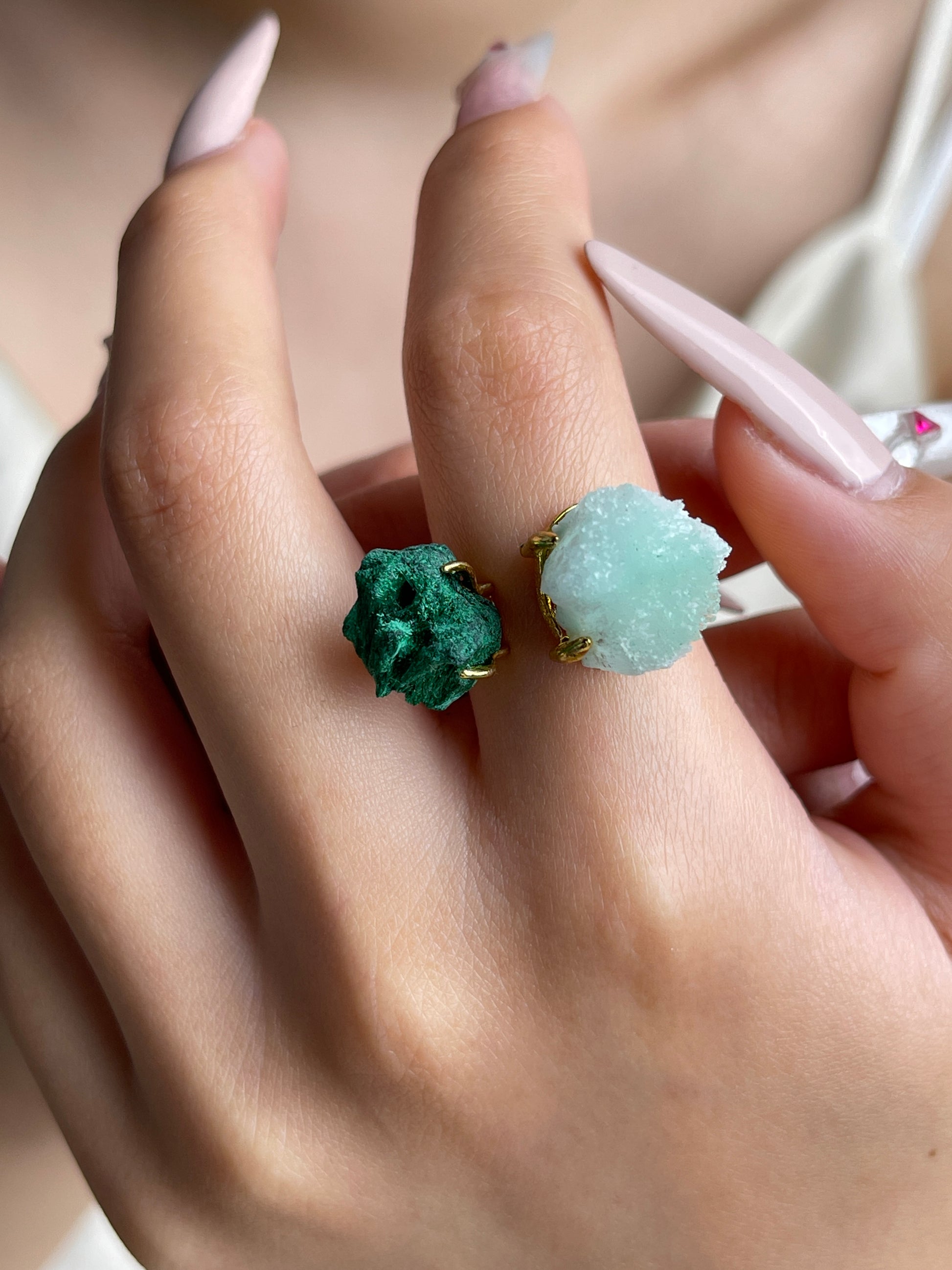 Raw Blue Aragonite and Fibrous Malachite ring worn on hand