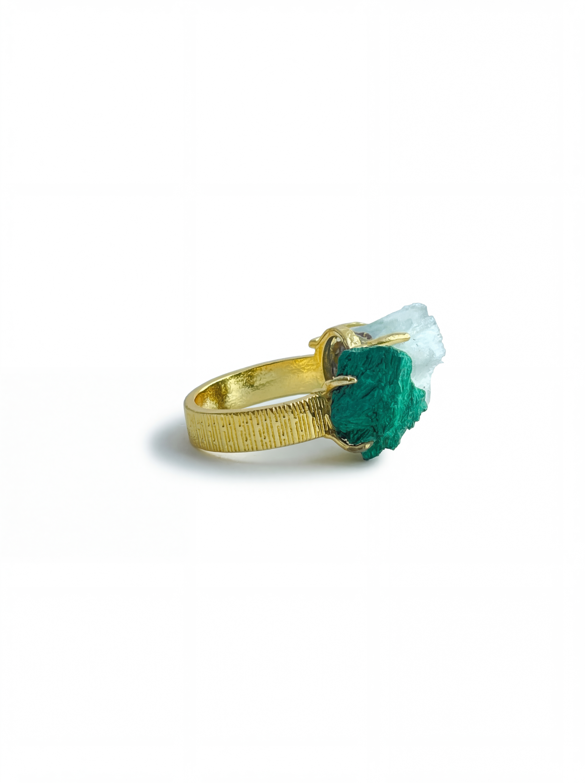 Side view of Blue Aragonite and Fibrous Malachite open ring