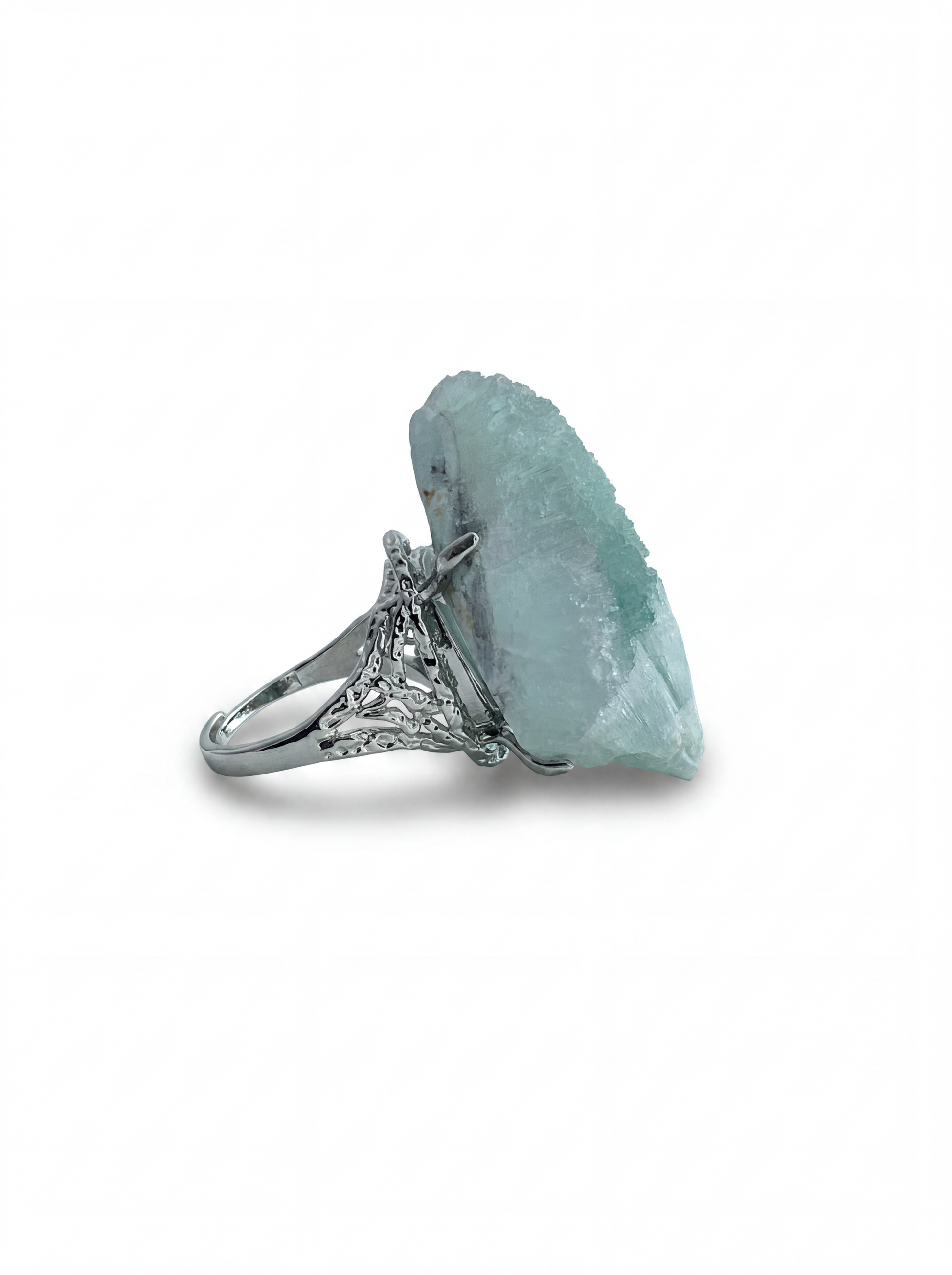Side view of Blue Aragonite mineral specimen ring