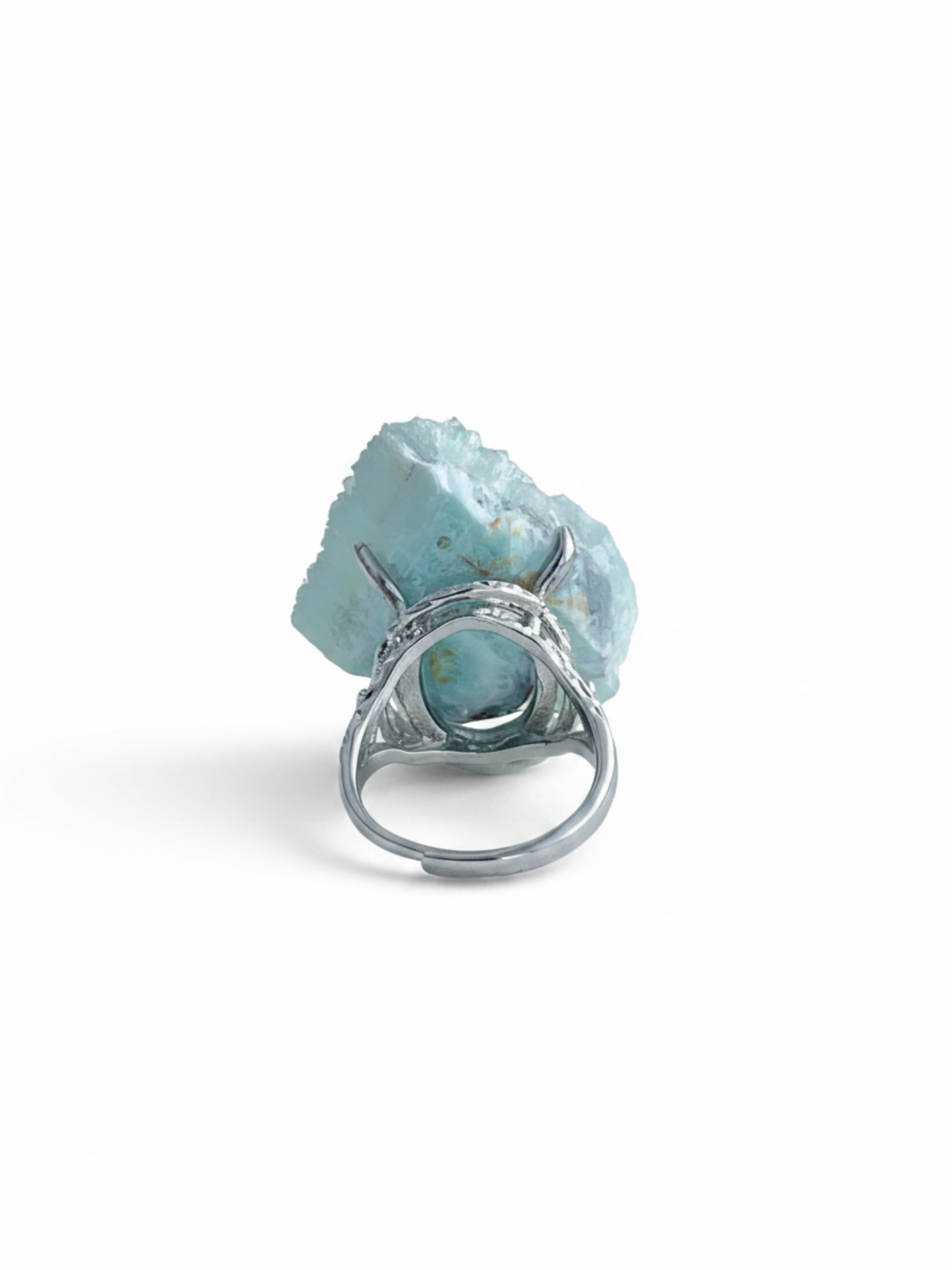 Back view of adjustable Blue Aragonite mineral specimen ring