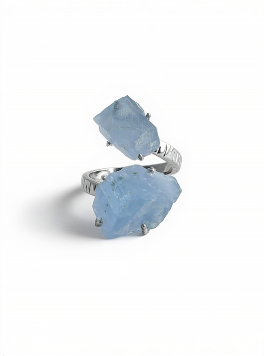 Blue Calcite twin stone ring mineral specimen jewelry front view