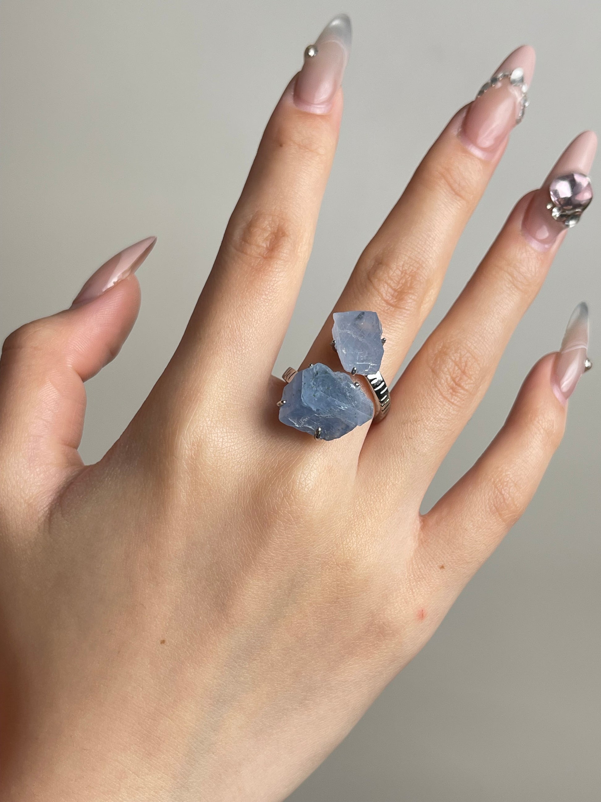 Blue Calcite twin stone ring mineral specimen jewelry worn on hand