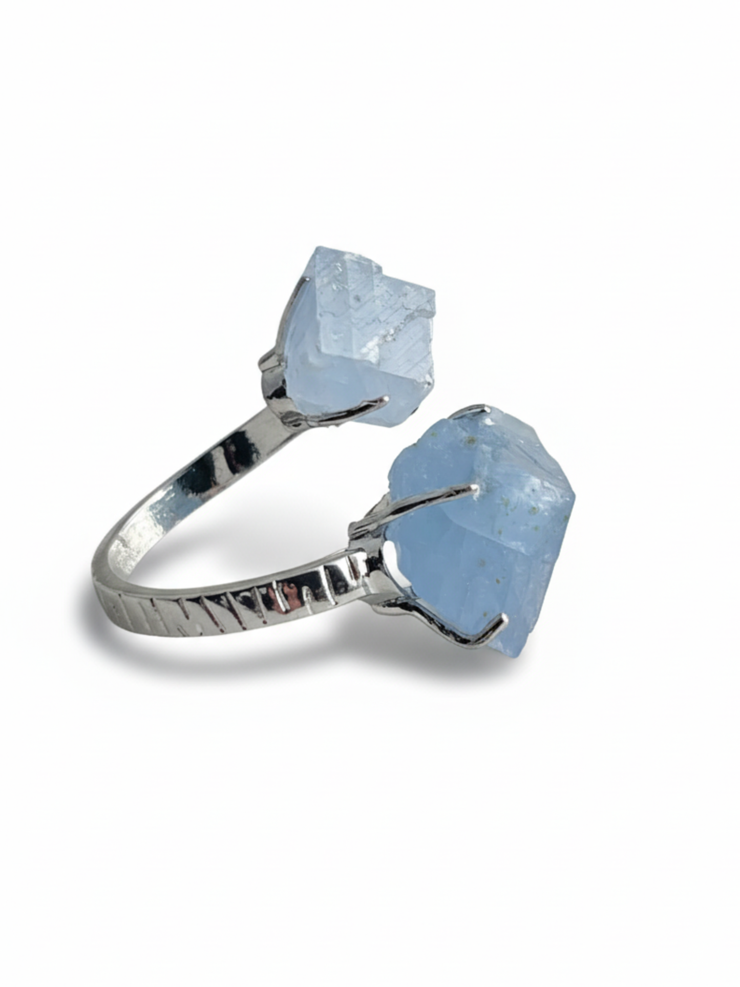 Side view of Blue Calcite twin stone ring mineral specimen jewelry