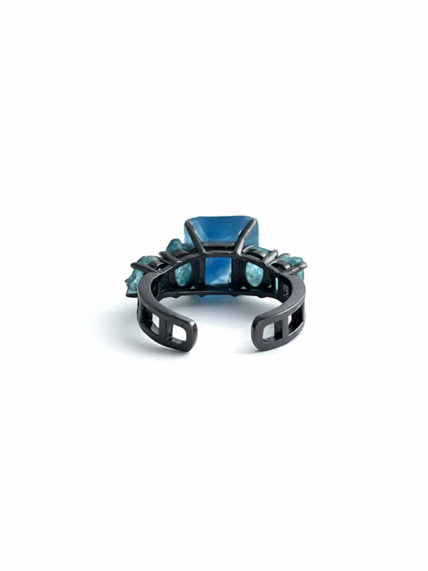 Back view of adjustable blue fluorite and apatite ring