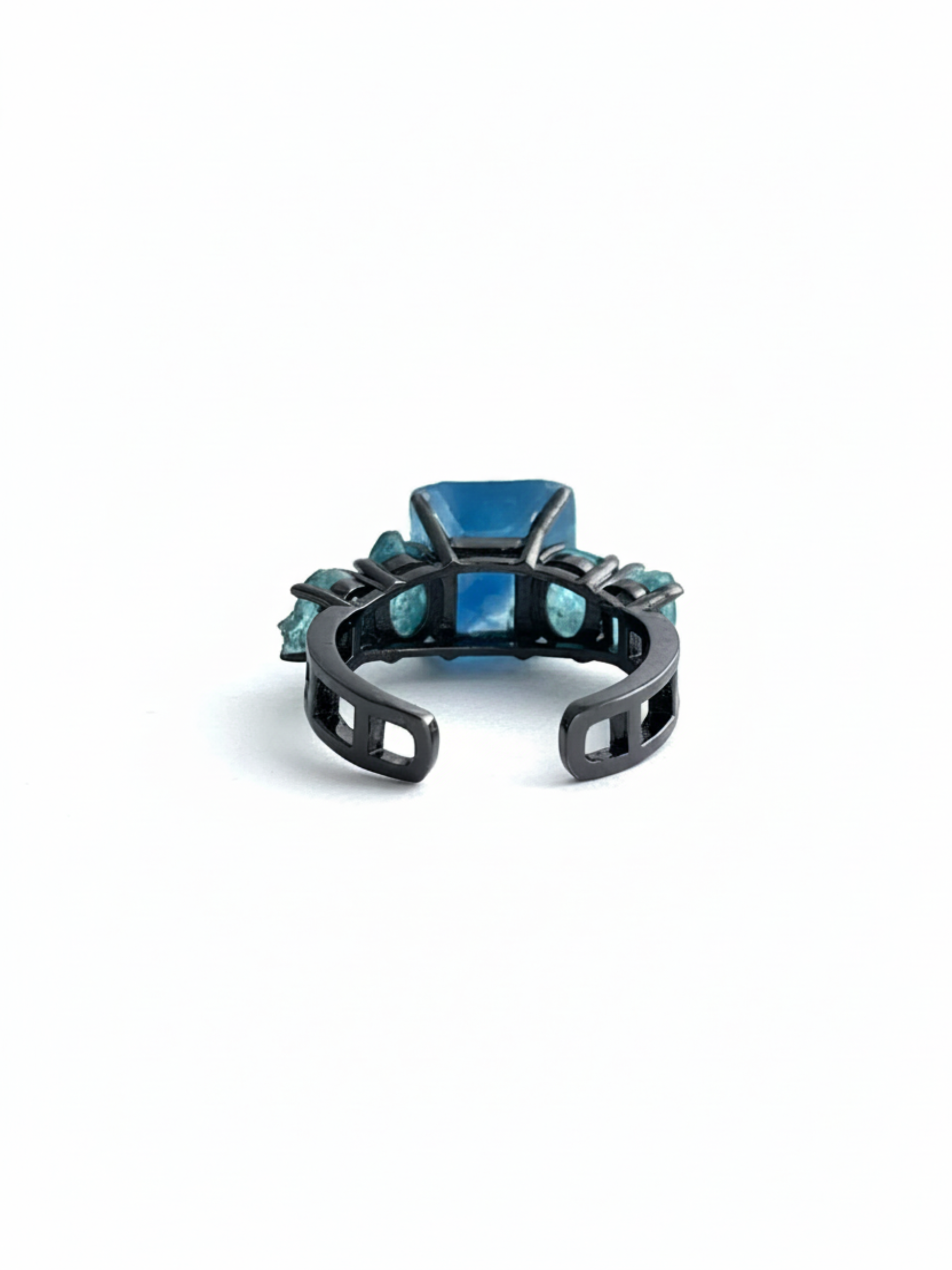 Back view of adjustable blue fluorite and apatite ring