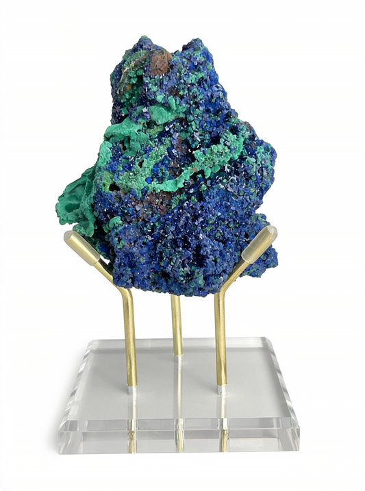blue and green azurite with malachite mineral specimen showing dense crystal formation front view