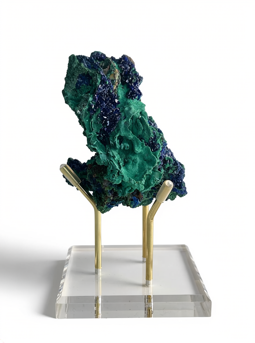 side view of azurite and malachite mineral specimen showing layered crystal texture