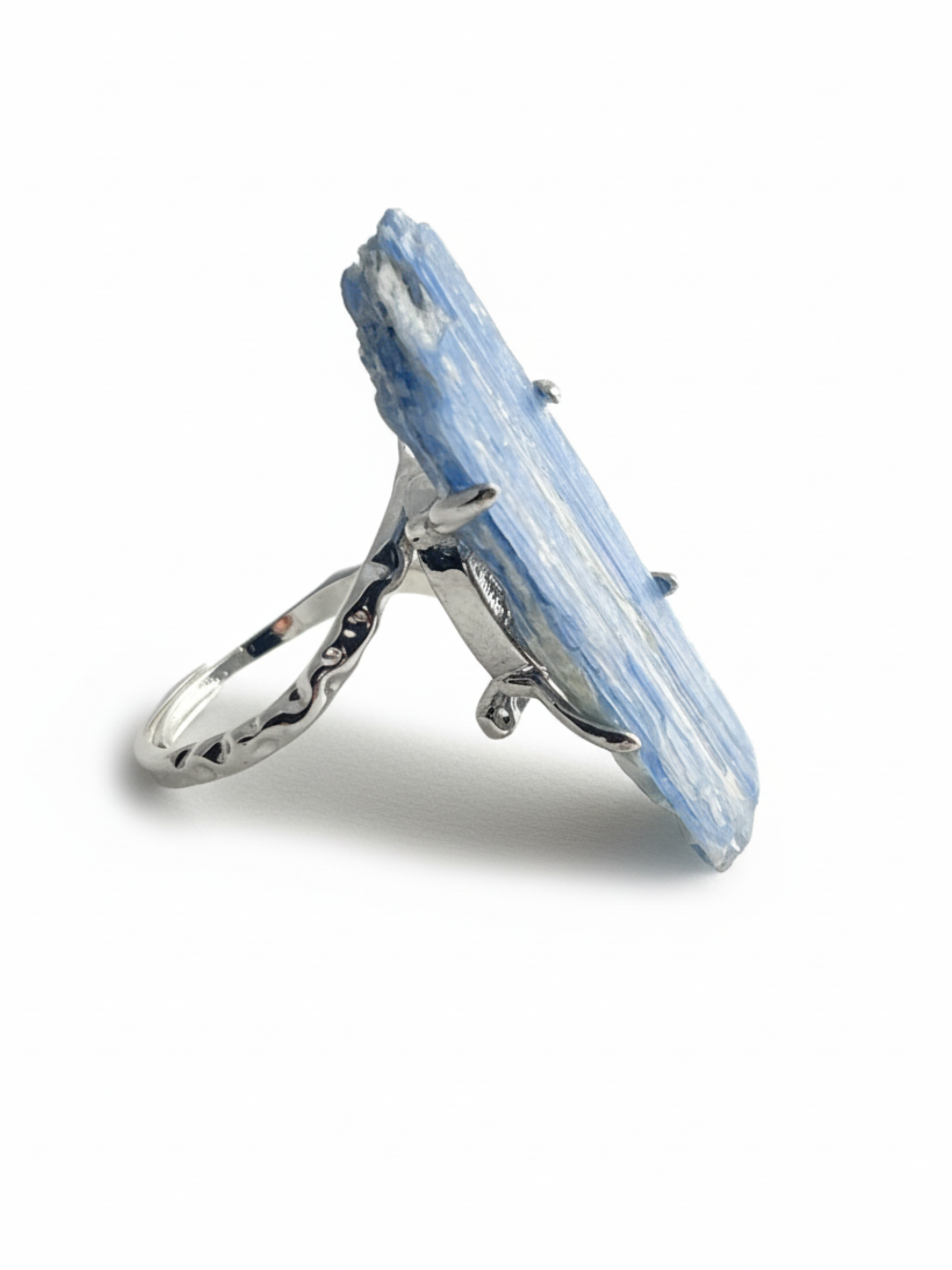 Side view of blue kyanite mineral specimen ring with adjustable open band
