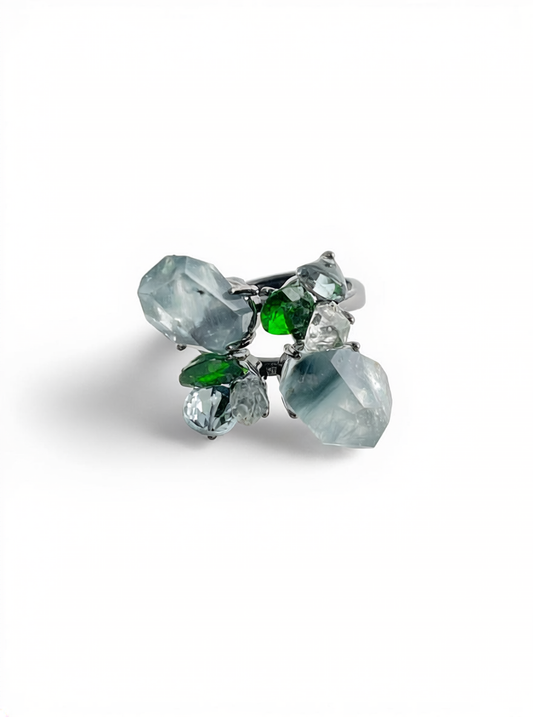 Blue Rutilated Quartz Ring with Hakima Diamond Quartz and Chrome Diopside front view