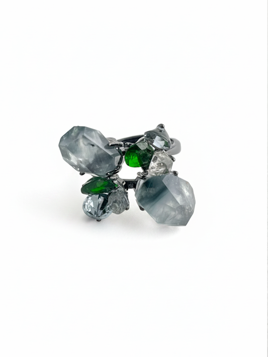 Blue Rutilated Quartz Ring with Hakima Diamond Quartz and Chrome Diopside front view