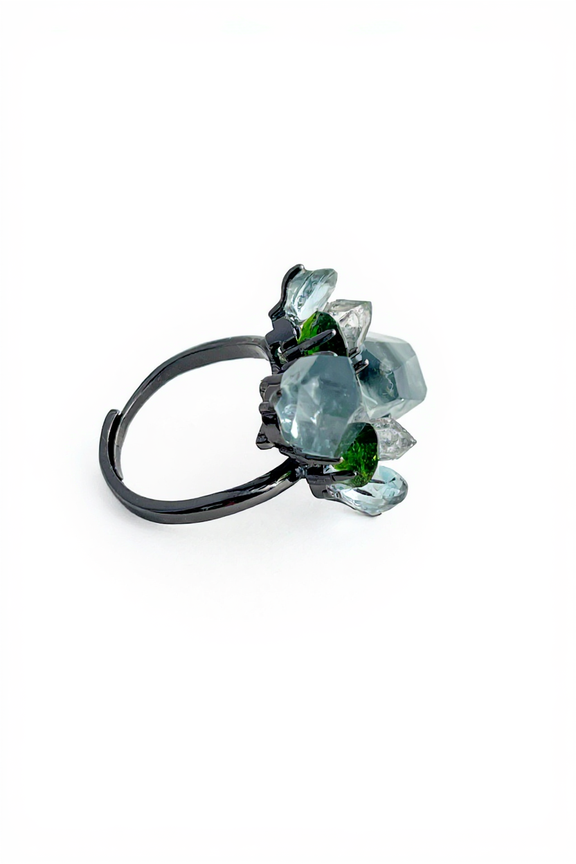 Side view of Blue Rutilated Quartz Ring with Hakima Diamond Quartz and Chrome Diopside