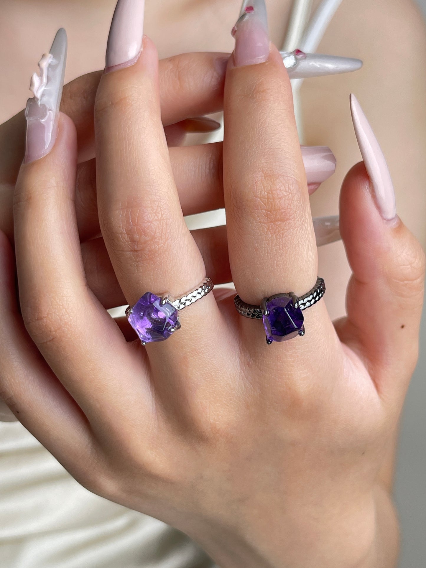 Brazilian amethyst freeform ring worn on hand