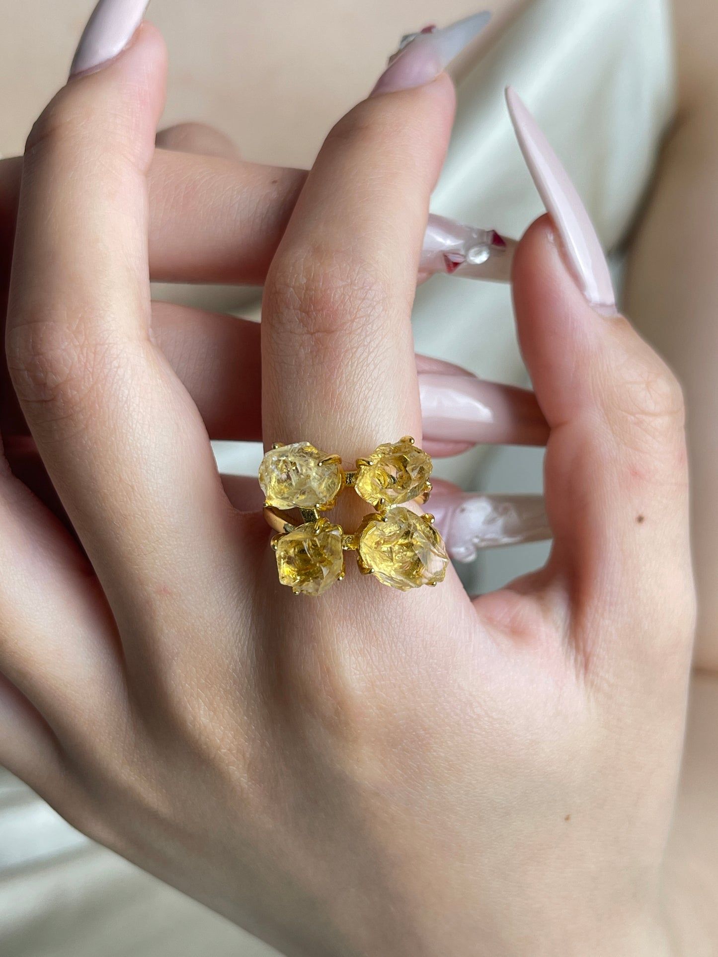 Raw Brazilian Citrine crystal ring worn on hand