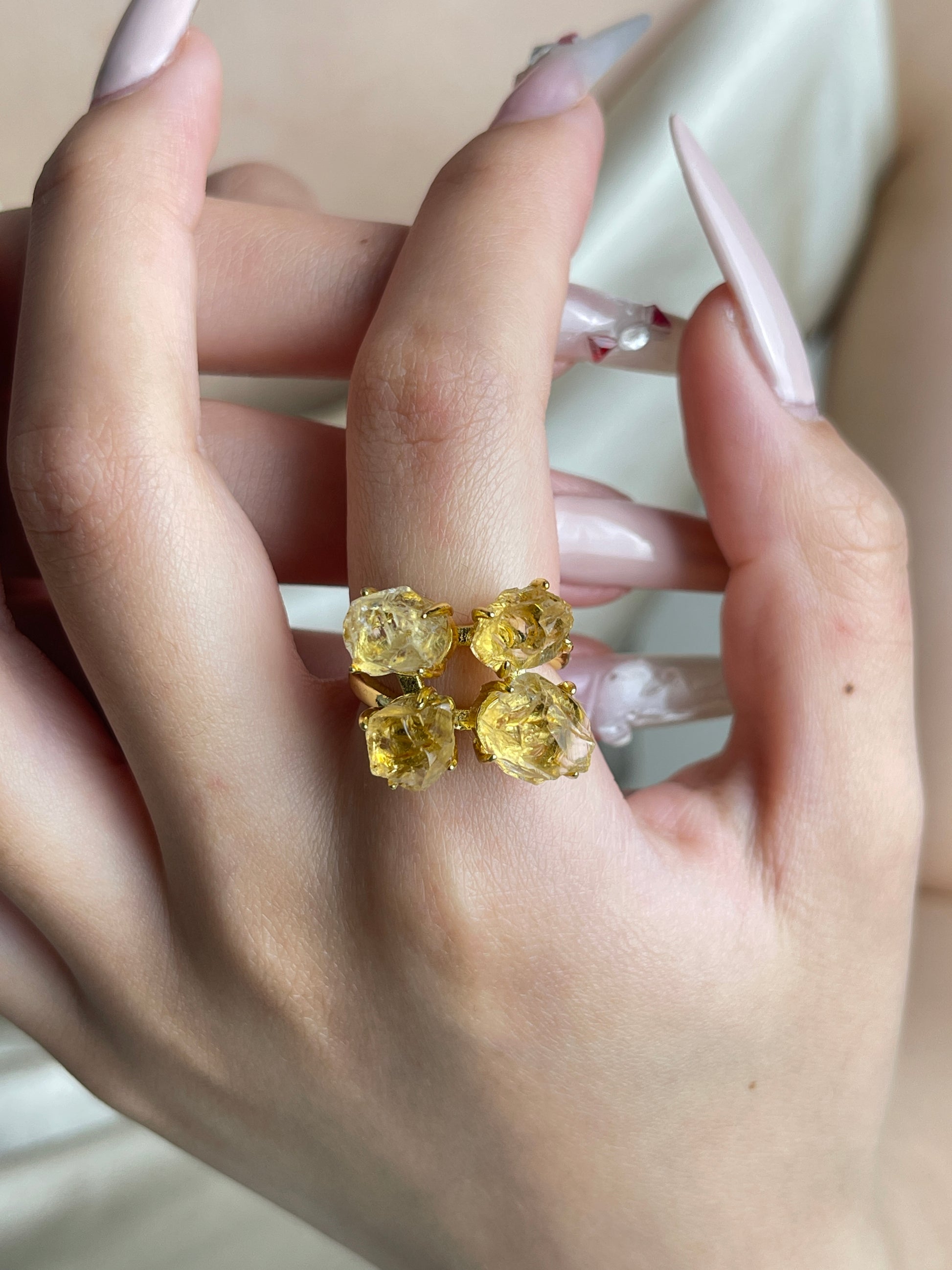 Raw Brazilian Citrine crystal ring worn on hand