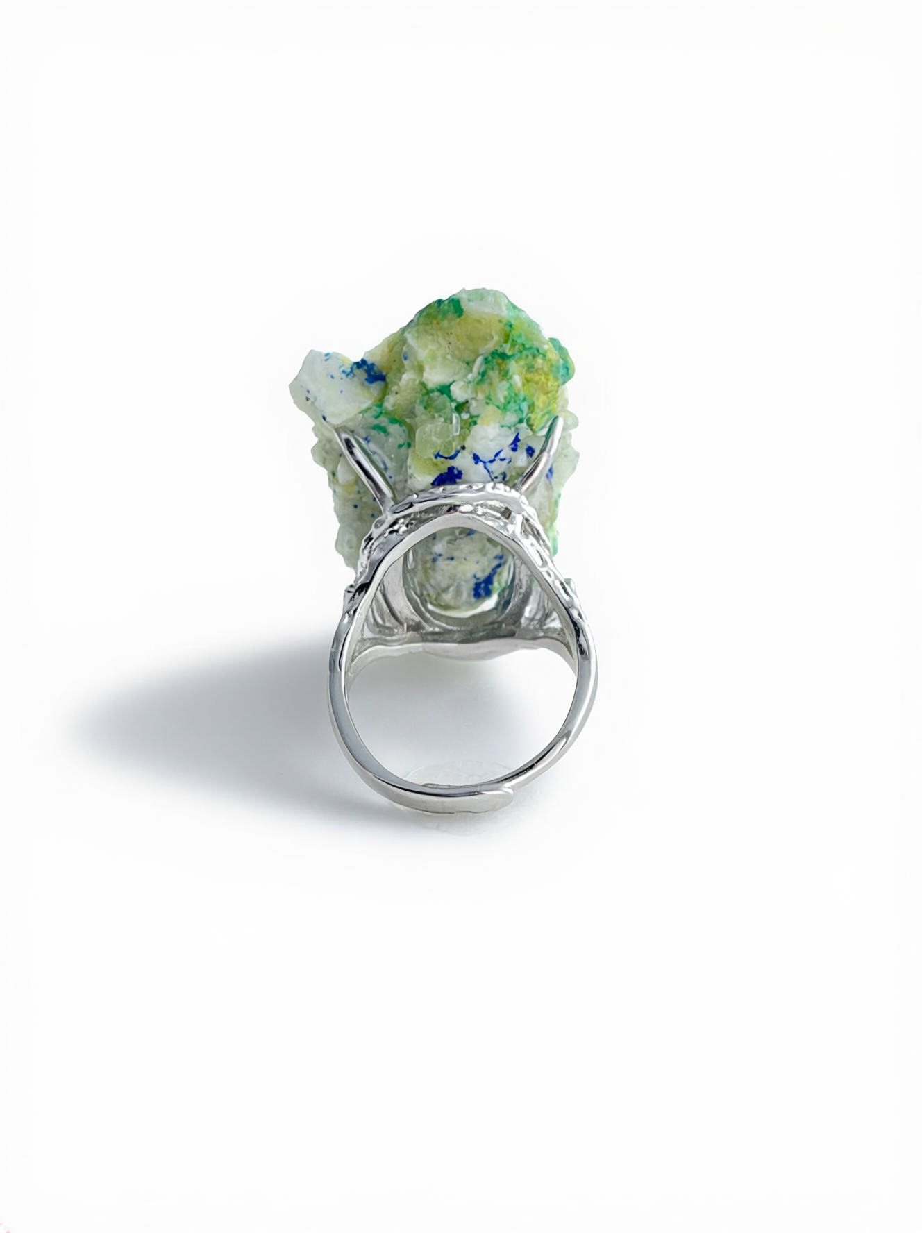Back view of chalcopyrite with malachite and quartz mineral specimen ring.