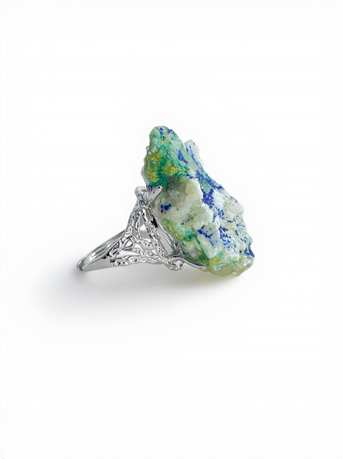 Side view of chalcopyrite with malachite and quartz mineral specimen ring.