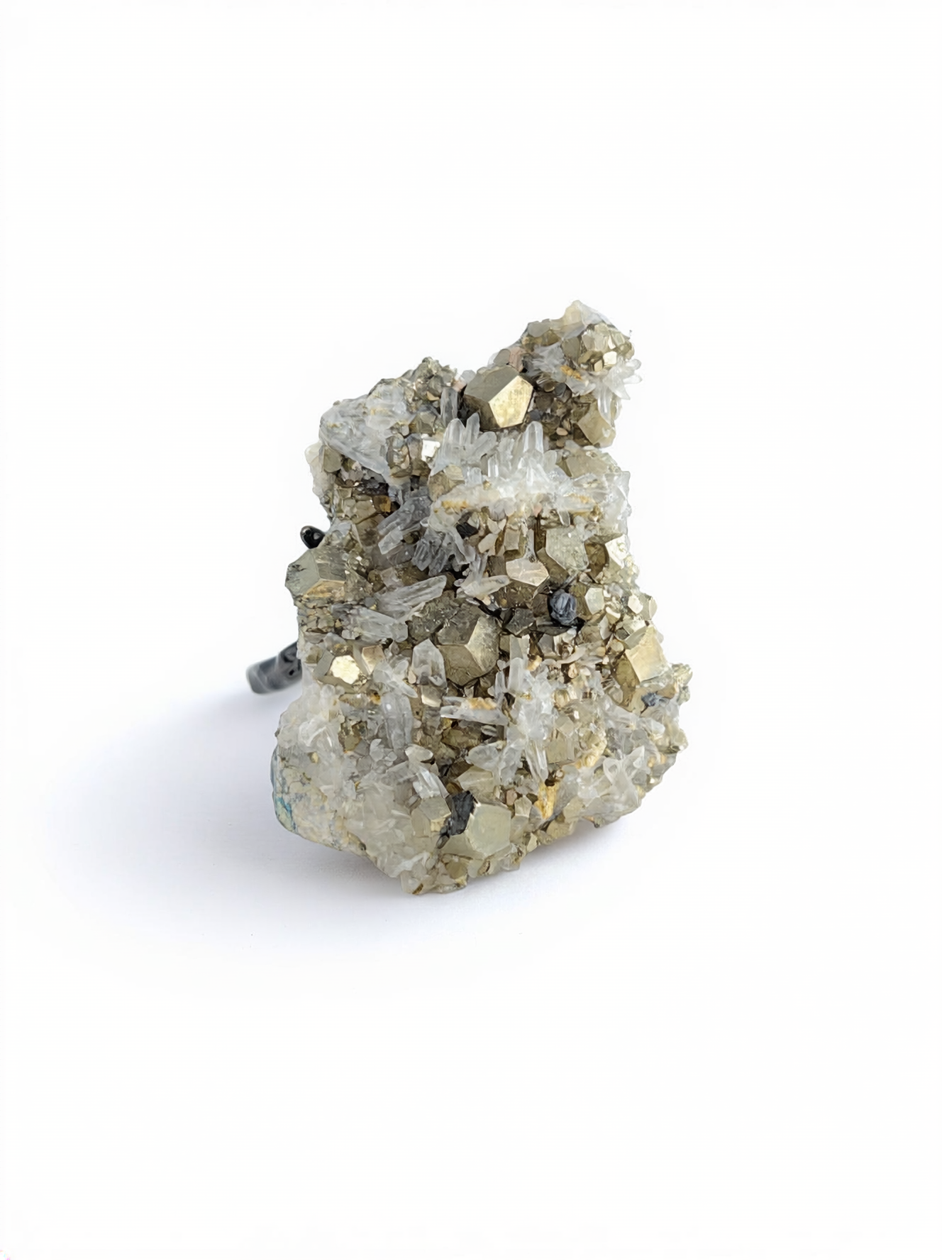 Chalcopyrite with Quartz cluster mineral specimen ring, front view.