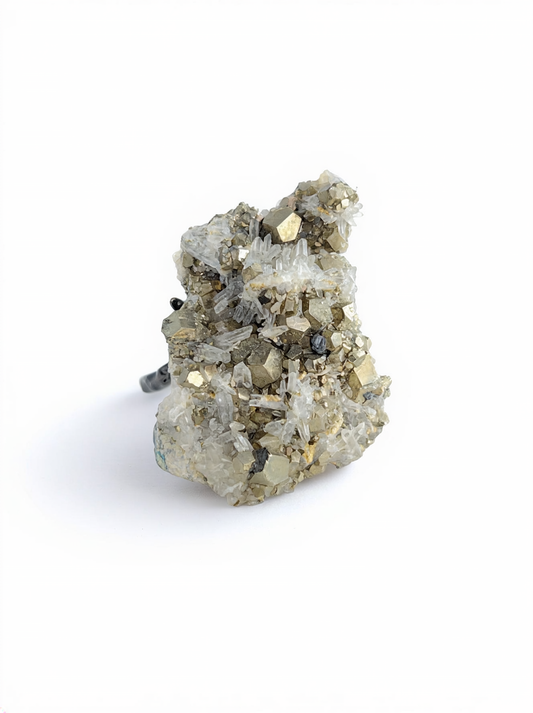 Chalcopyrite with Quartz cluster mineral specimen ring, front view.