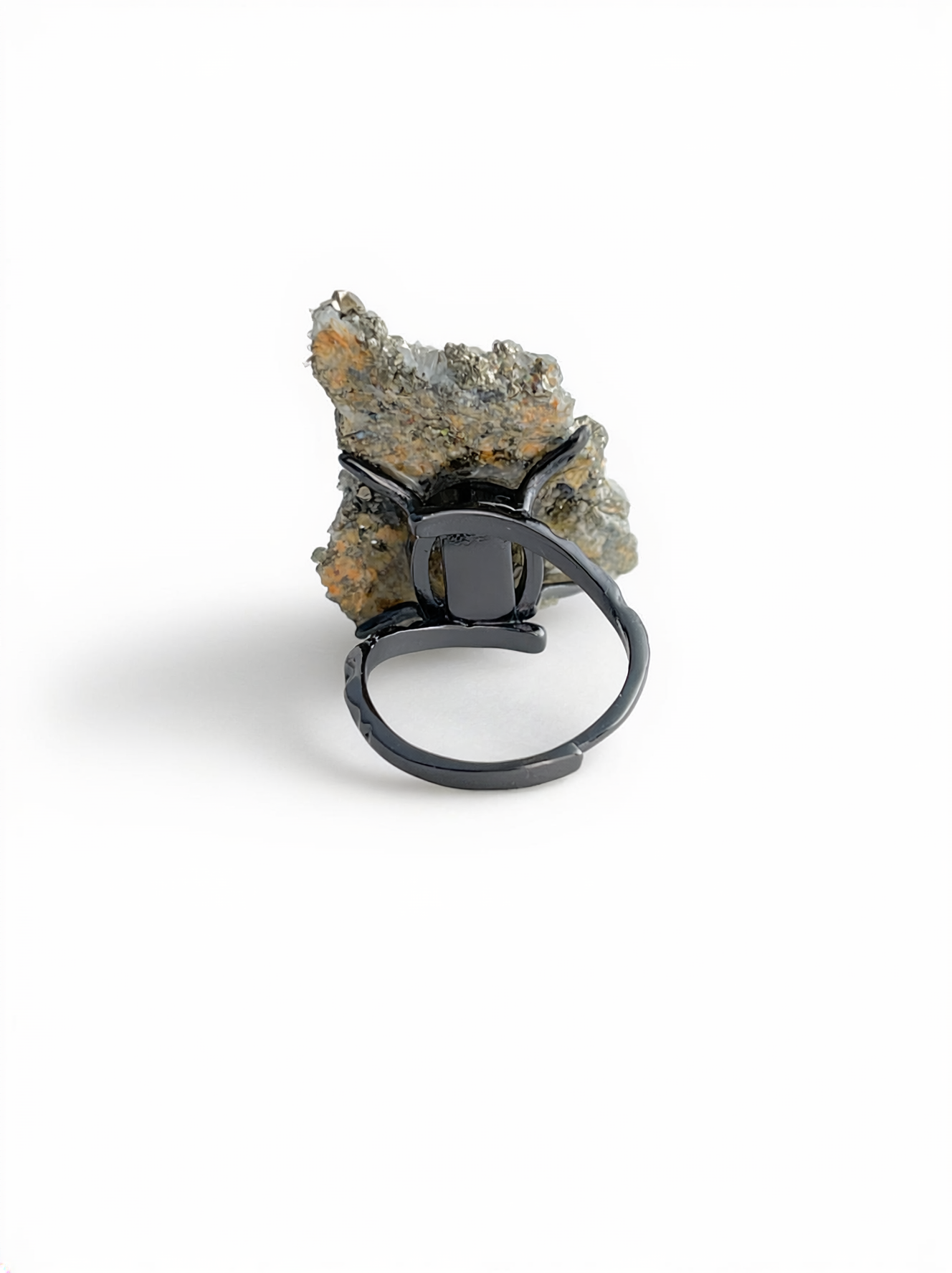 Back view of a Chalcopyrite with Quartz cluster mineral specimen ring.