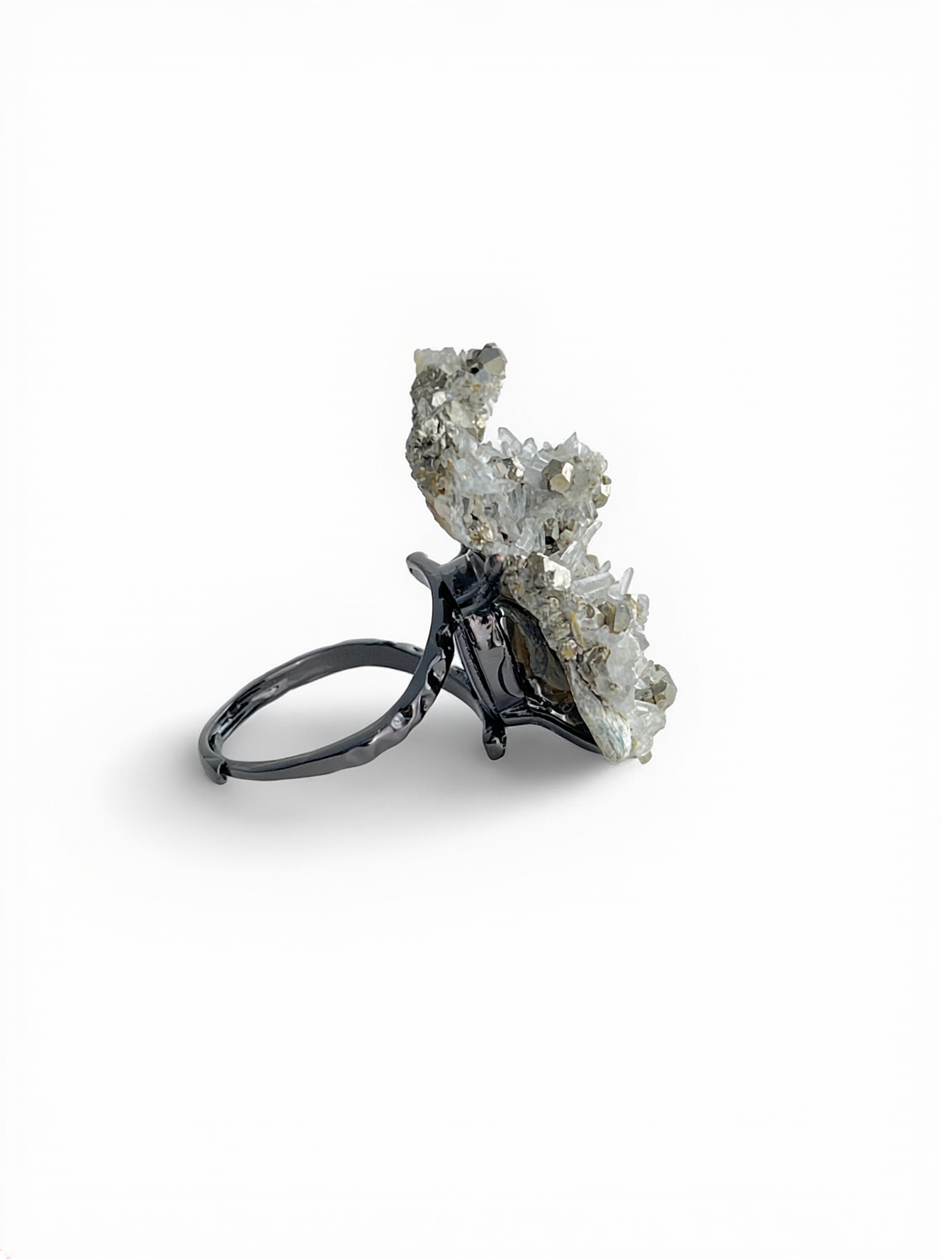 Side view of a Chalcopyrite with Quartz cluster mineral specimen ring.