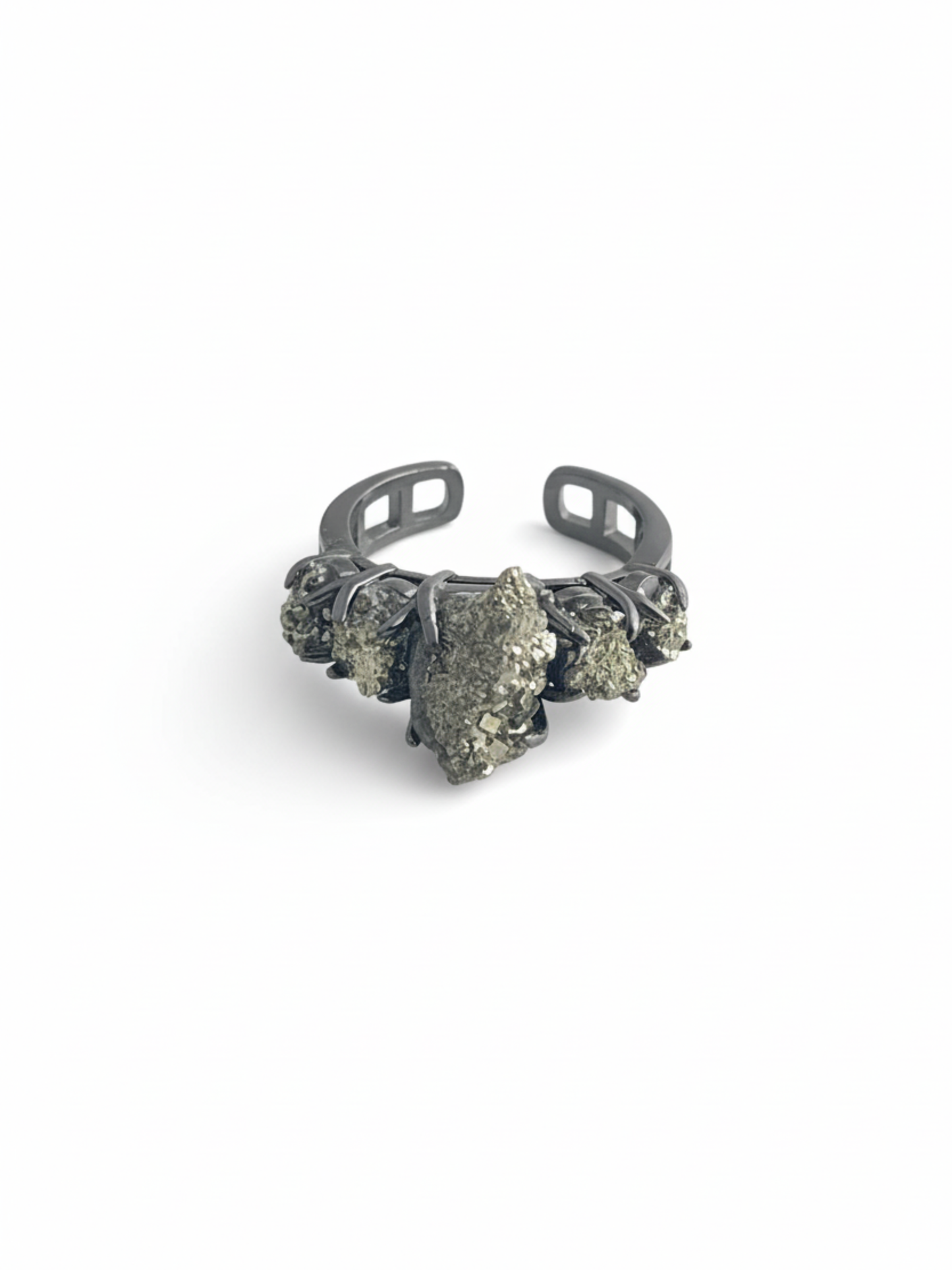 Chalcopyrite raw mineral specimen ring from Peru front view